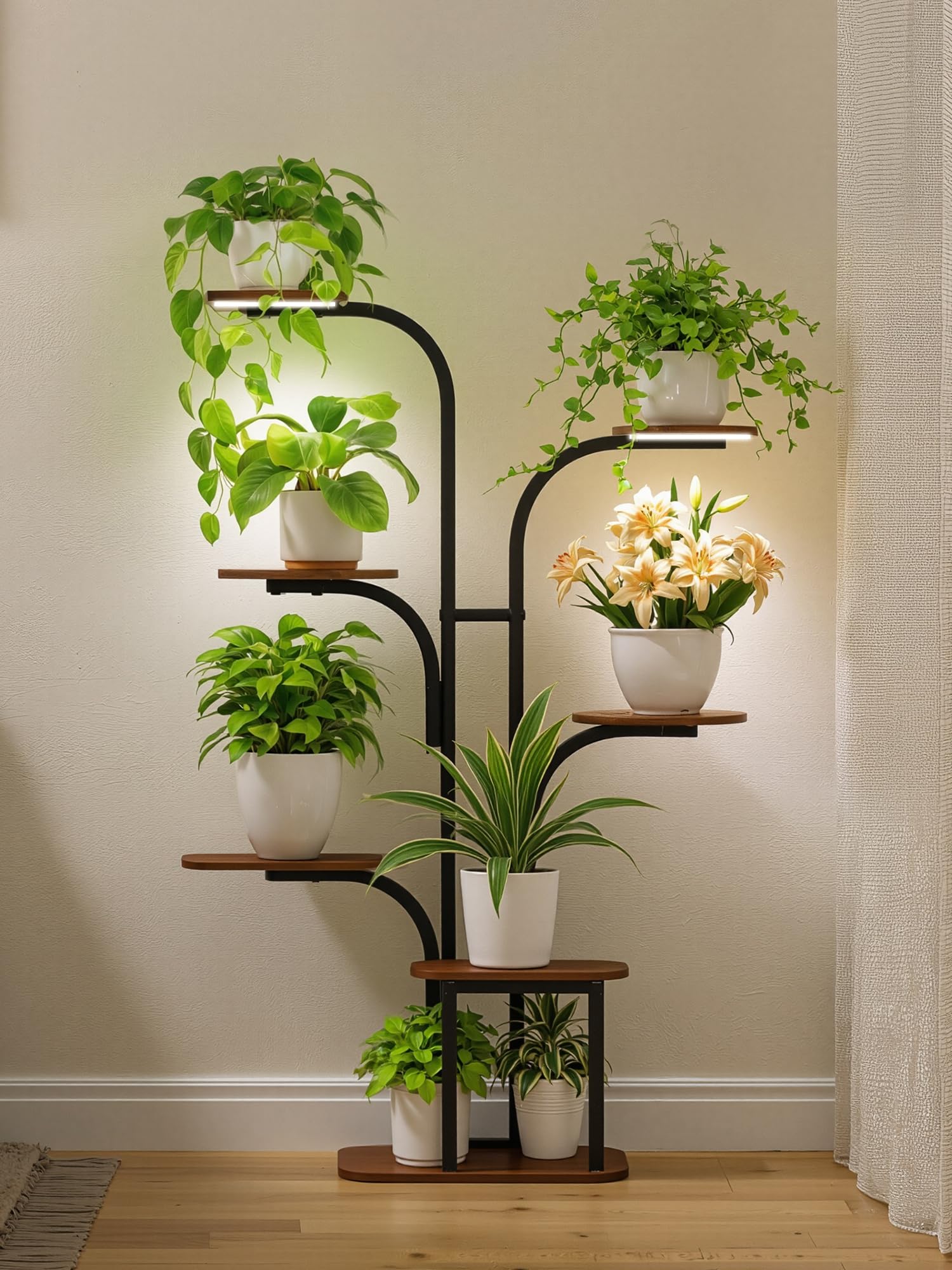 Support pour plantes d'intérieur avec lampes de culture LED, étagère en métal noire multiniveau