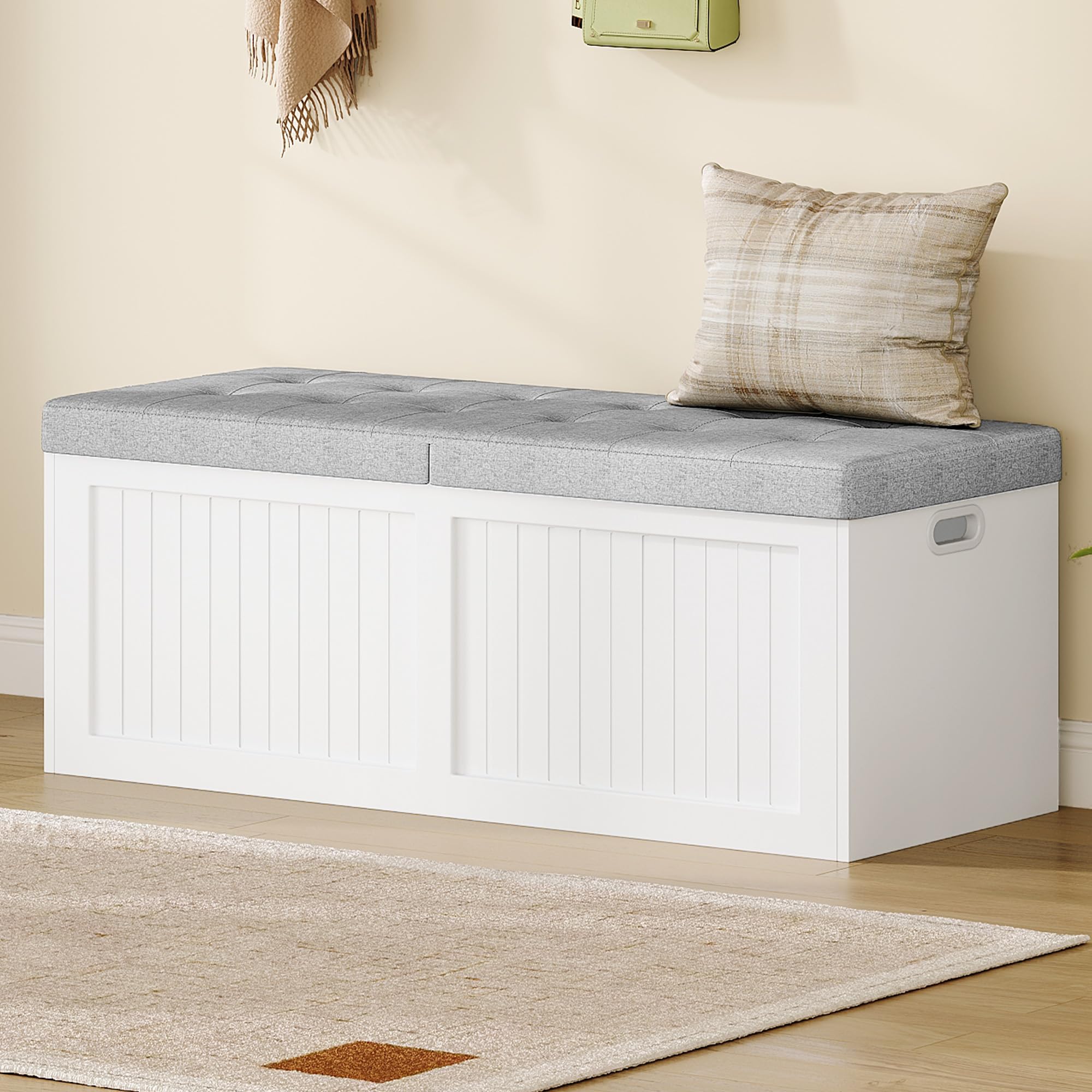 Hzuaneri Cassapanca contenitore da interno, Panca contenitore, Utilizzabile Come Portascarpe, con Cuscino in Lino, Adatta per Soggiorno, Ingresso e Atrio, 40 x 109 x 44,5cm, Bianco-Grigio SB01903GY