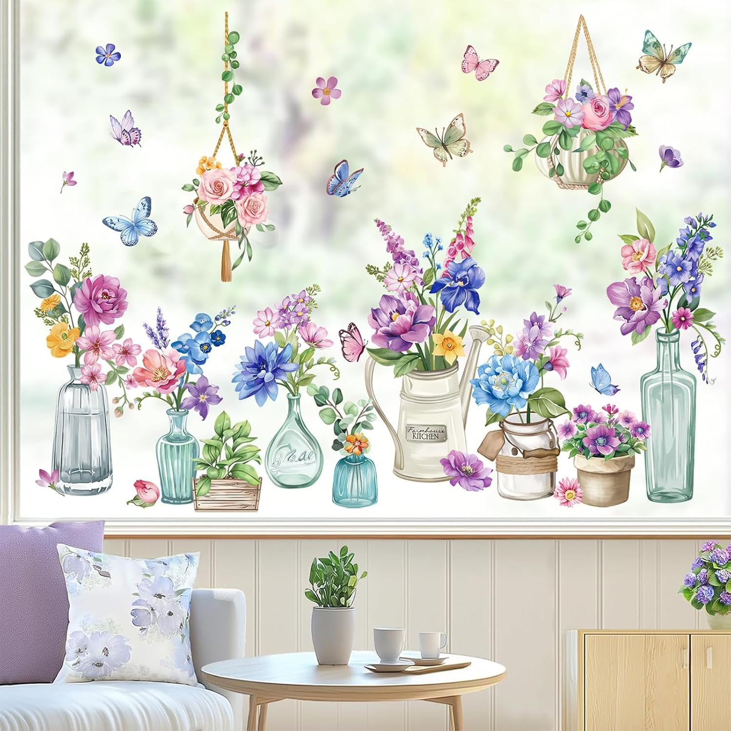 Amazon.com: wondever Spring Summer Potted Flowers Window Clings Floral ...