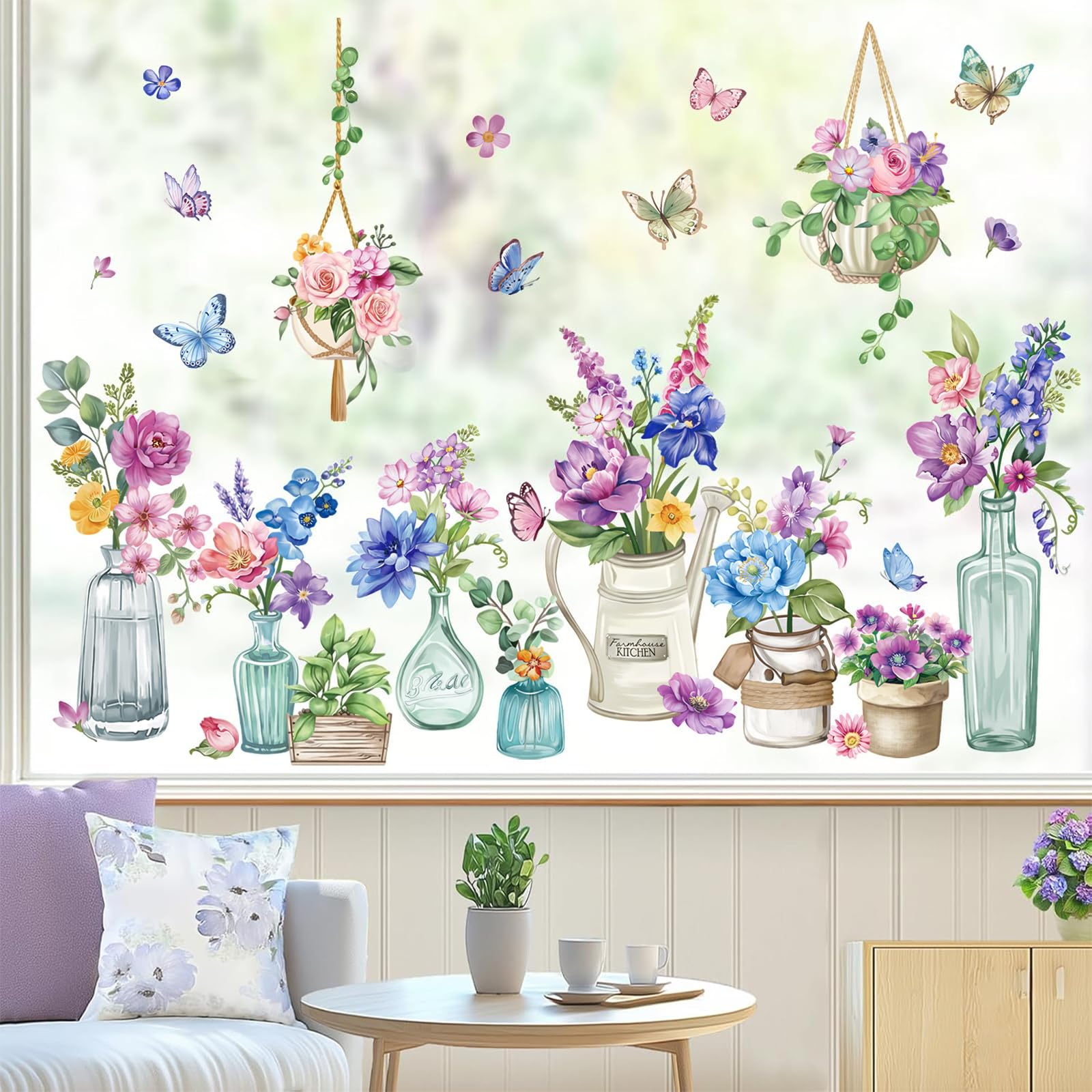 wondever Spring Summer Potted Flowers Window Clings Floral Vase Butterflies Glass Sticker Decal Anti Collision Double-Side Static Window Stickers for Home Glass Window