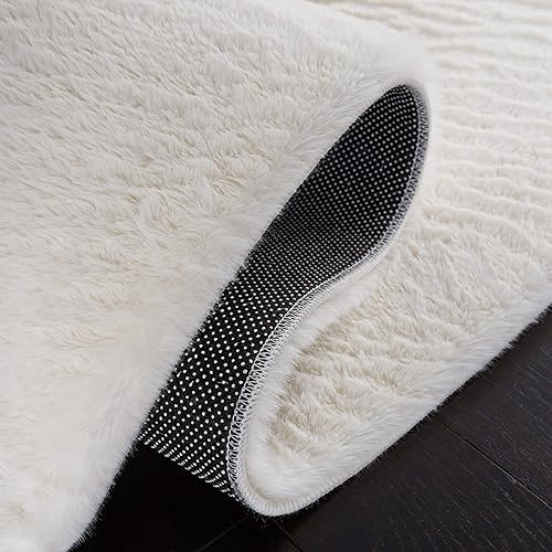 Miniatura 6 de SAFAVIEH Alfombra lavable, colección de pelo sintético de conejo, 8 x 10 pies, color blanco hueso, antideslizante y fácil de limpiar, ideal para