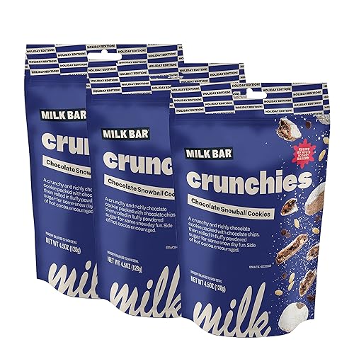 MILK BAR Holiday Crunchies Crunchy Bite Sized Cookies With No Artificial Flavors or Preservatives Pack of 3, 4.5oz Bags (Chocolate Snowball)