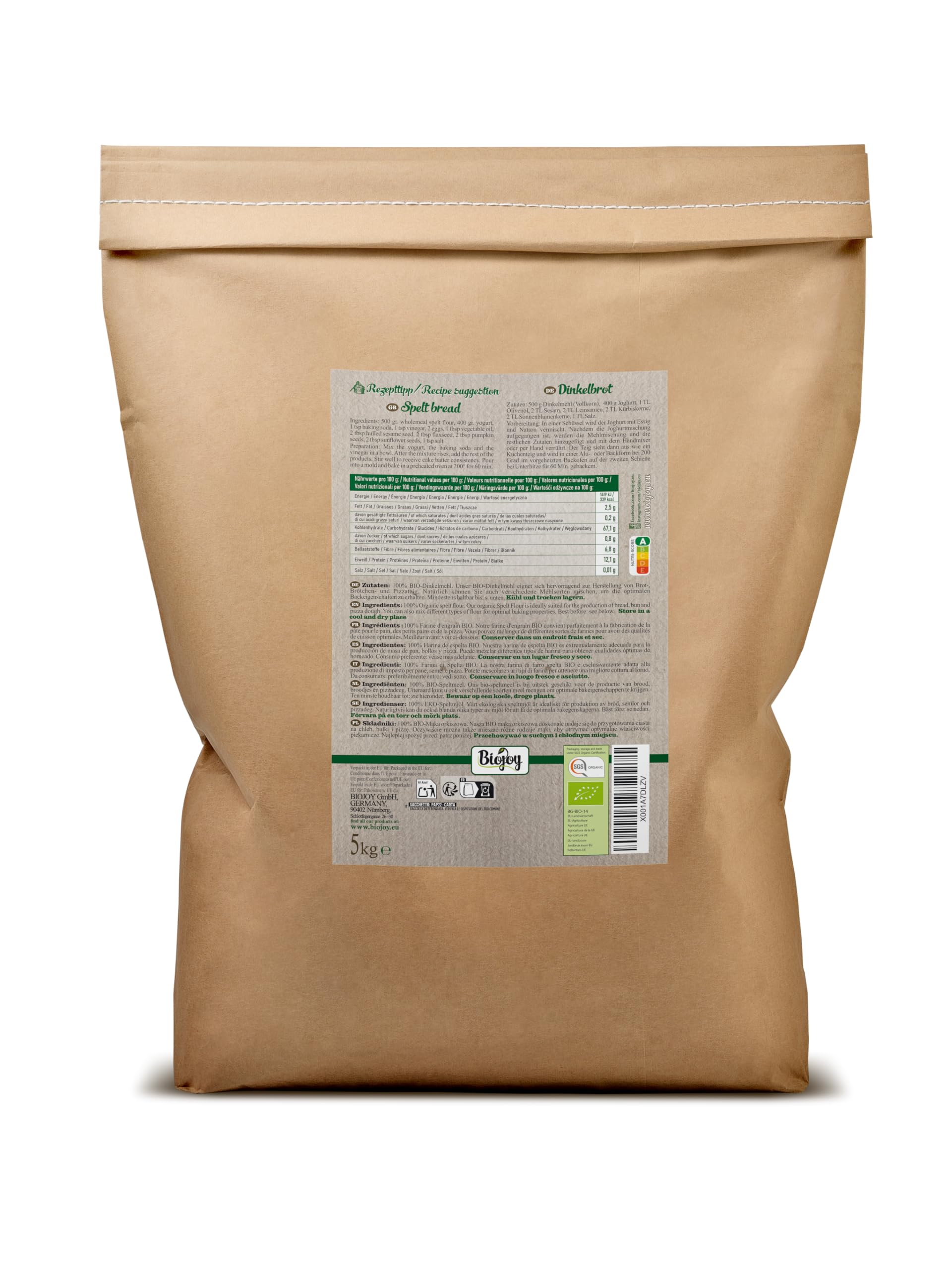 Biojoy Farine d’Epeautre BIO (5 kg), naturelle et pure, sans additifs