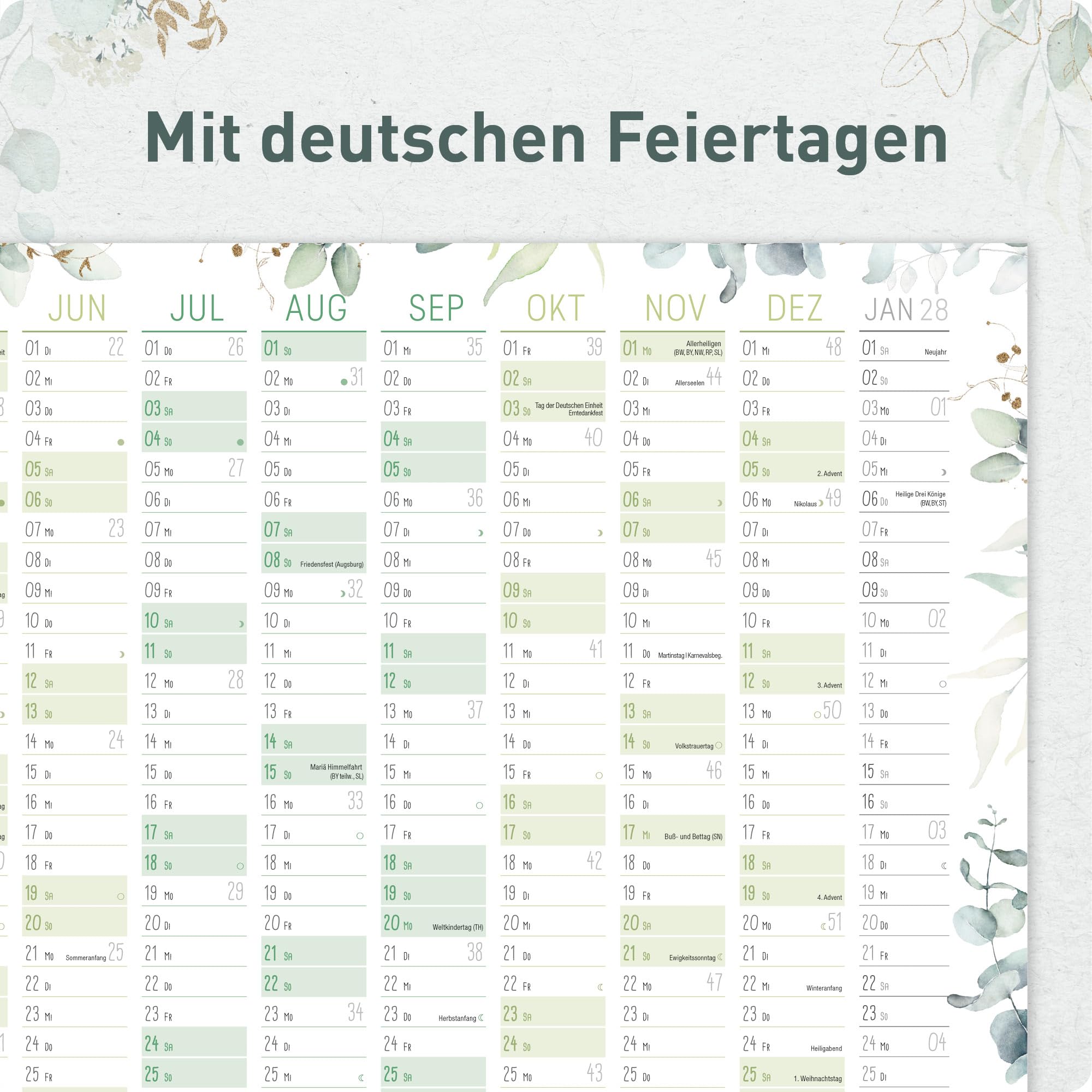 Häfft® Wandkalender 2027 A2 quer (59,4 x 42 cm) Wandplaner mit Ferien & Feiertagen für DE, Jahresplaner gefalzt für 14 Monate - inkl. gratis A3 + A4 Kalender "Blattgold"