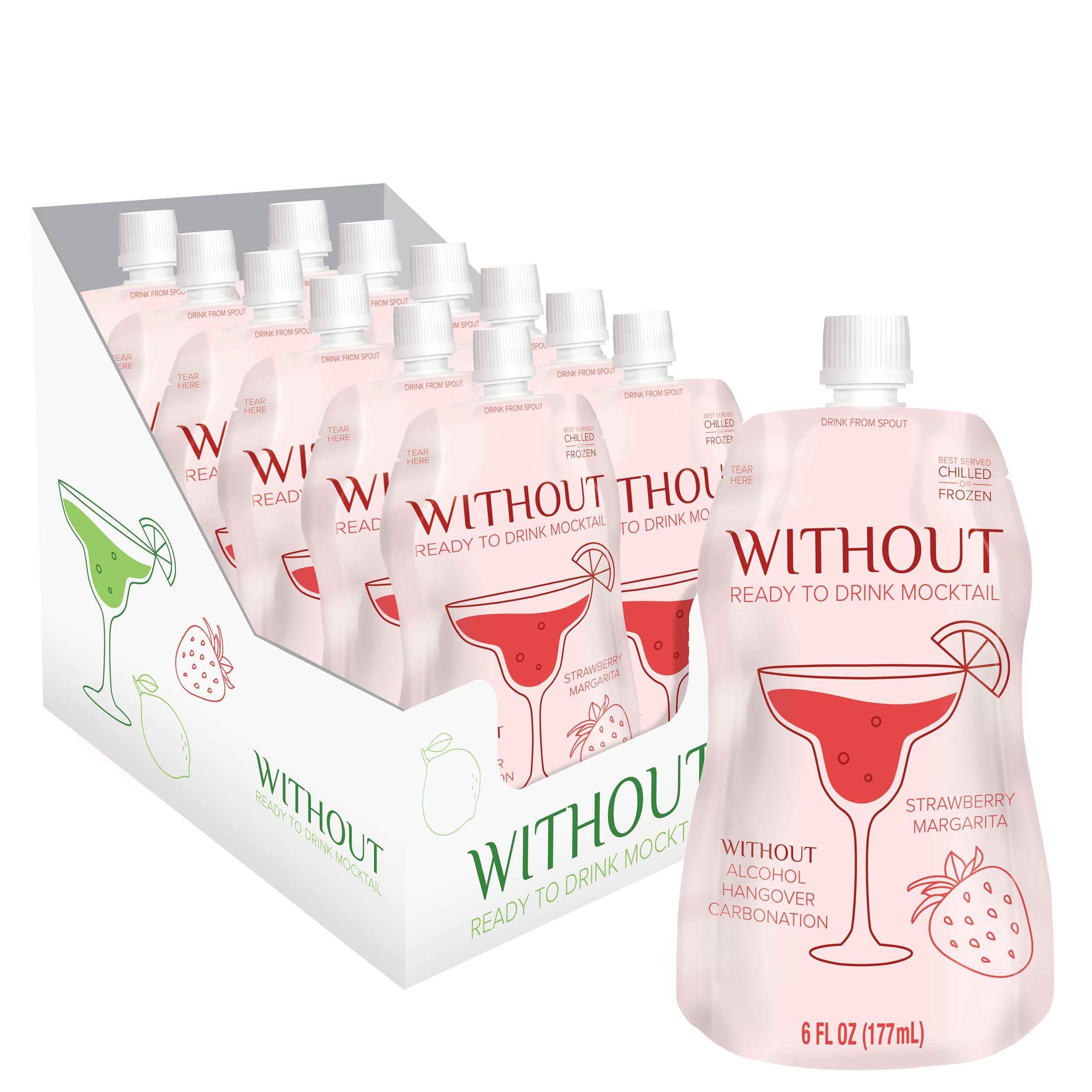WITHOUT Ready To Drink Strawberry Margarita Mocktail — Zero Proof, Non-Alcoholic, Mixer, Celebration, Party, Frozen or Chilled (12-Pack)