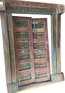 Mogul Interior Antique Doors Bohemian Floral Red Blue Patina haveli Carved Teak Indian Architecture Double Door Panel 18c