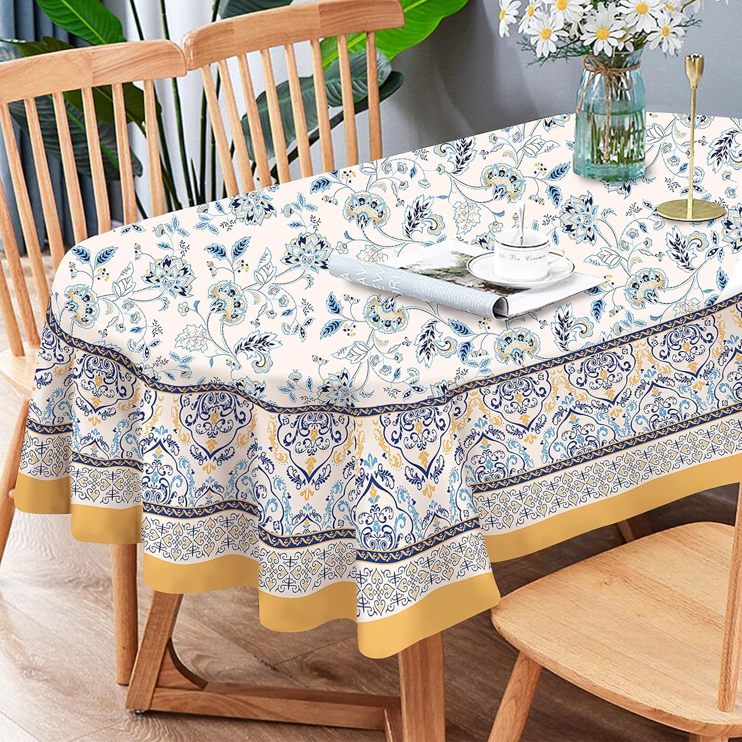Bkyedsa Floral Tablecloth, Blue Yellow French Country Tablecloth 60 x 84, Wrinkle Resistant and Washable Floral Table Cloths,Perfect for Kitchen Dinner,Family Gathering,Holiday Dining Room Table