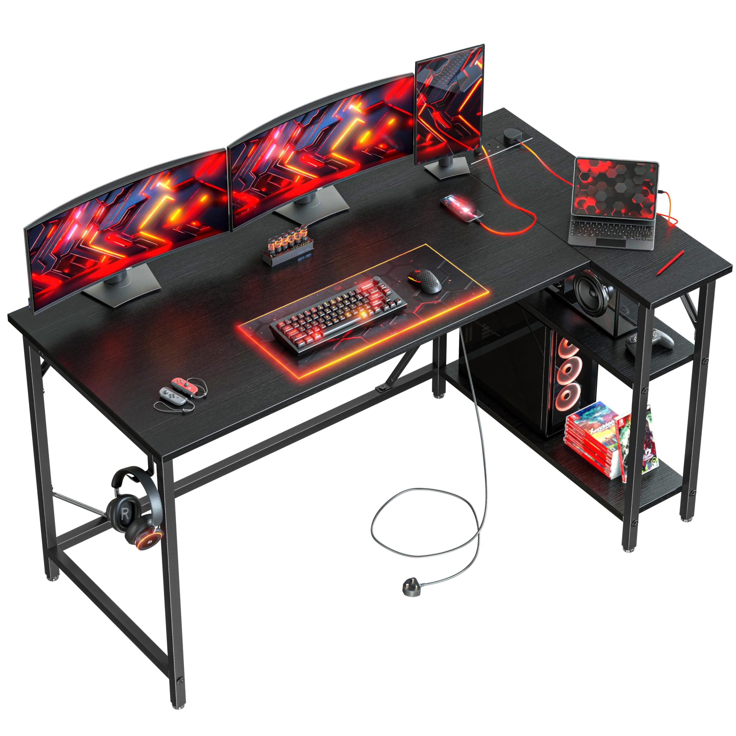 Piccola scrivania da gioco a forma di L con prese di corrente, 140 x 70 cm, tavolo angolare per computer con grandi ripiani reversibili, postazione di lavoro per PC per casa e ufficio con