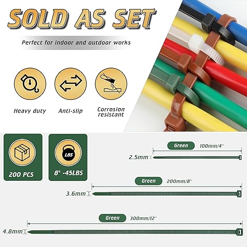 Miniatura 10 de Bridas para cables de 8 pulgadas, 200 unidades, PA66 resistente con resistencia a la tracción de 45 libras, bridas de nailon autoblocantes