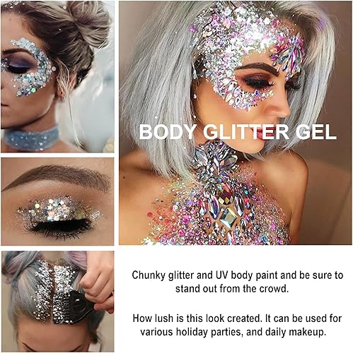 Miniatura 4 de Paquete de 2 botellas de gel con purpurina corporal holográfica de larga duración para cabello, cuerpo y uñas, maquillaje corporal líquido de 9