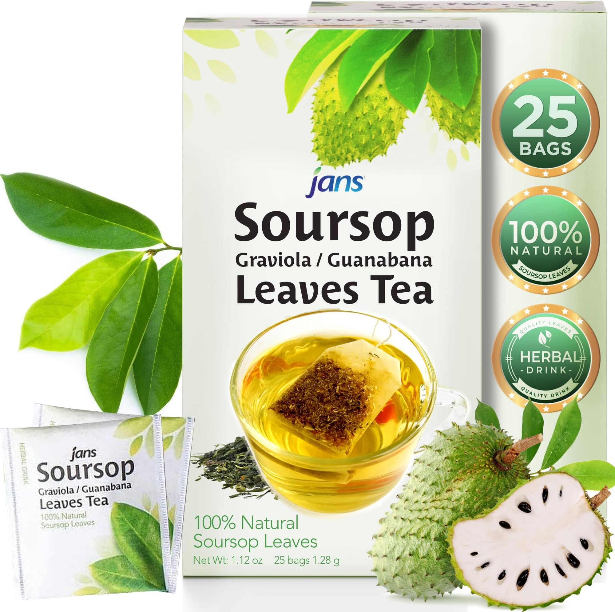 100% All Natural Soursop / Guanabana Leaves Tea (25 Tea Bags) | Cholesterol-Free, Sugar-Free, Fat-Free, Sodium-Free | Best Served Warm | Gental Herbal Aroma
