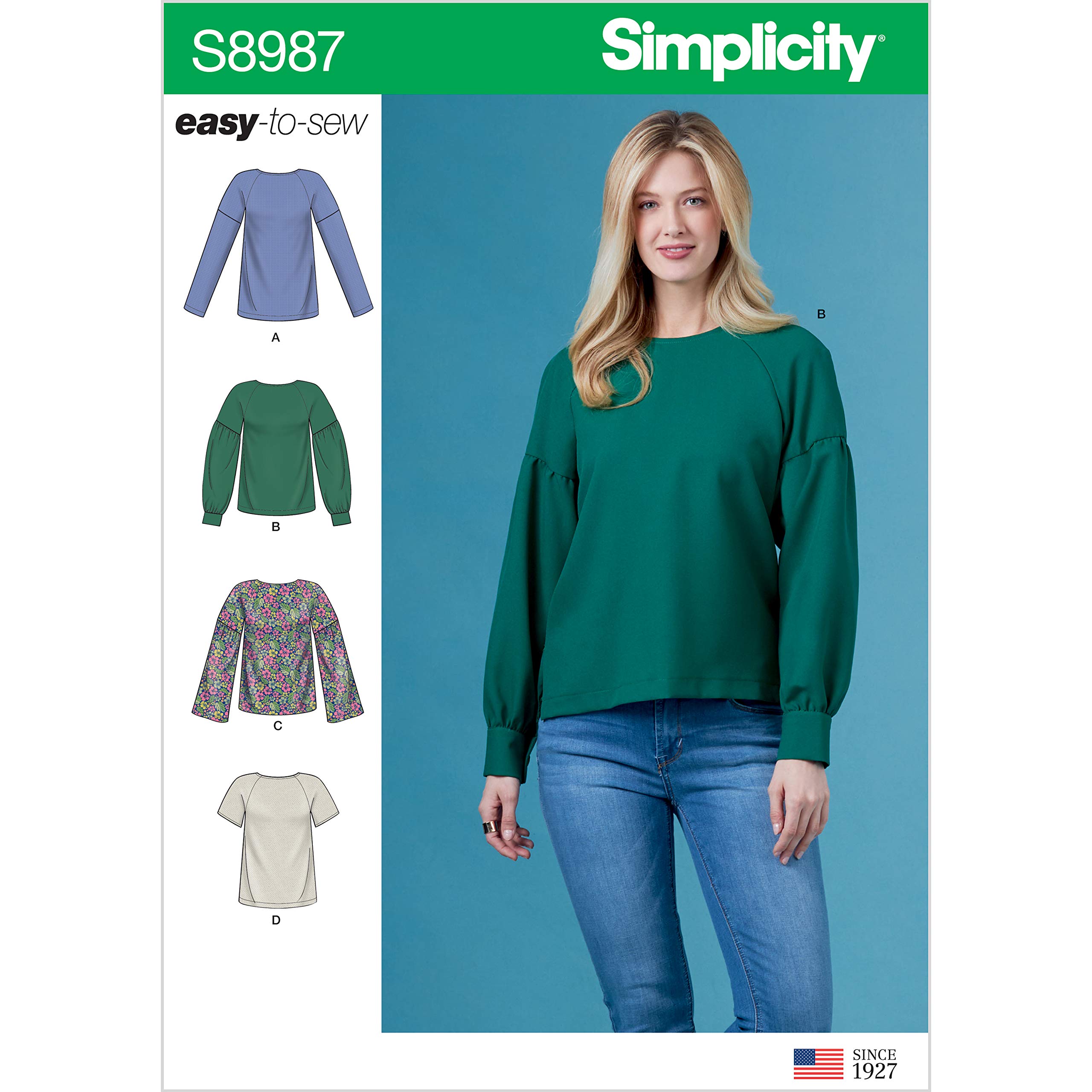SIMPLICITY Sewing Pattern S8987 Misses' Tops with Sleeve Variations, Paper, White, Various