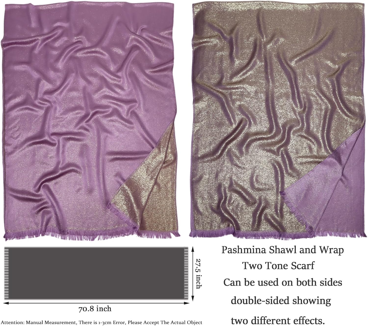 Gragengs Women's Sparkling Metallic Pashmina Shawls and Wraps Long Party Scarf Solid Color Two Tone - Image 4