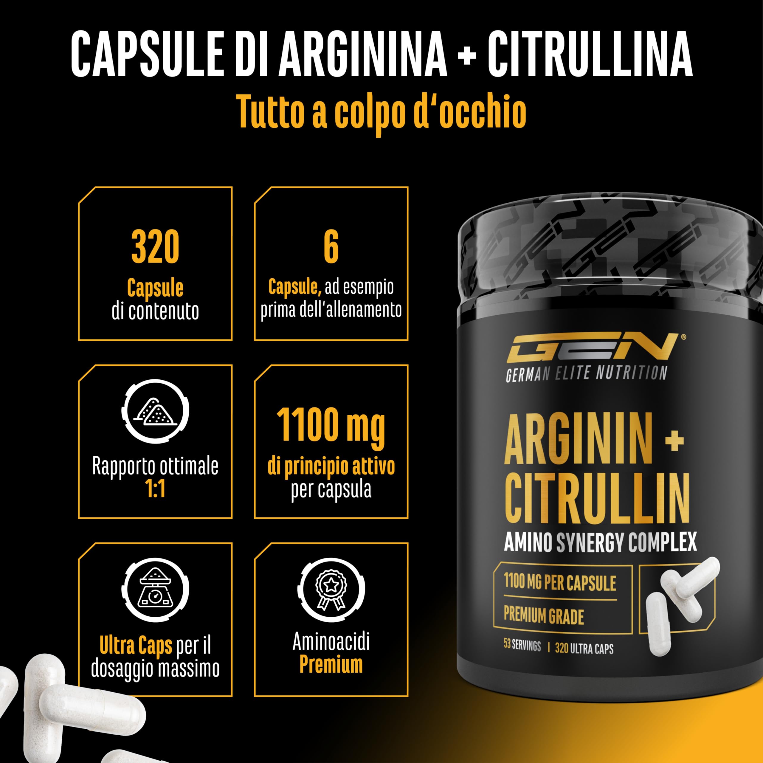 L-arginina + L-citrullina - 320 capsule - 1100 mg per capsula - Ultra Caps ad alto dosaggio con arginina base e citrullina nel rapporto 1:1 - Combinazione di aminoacidi di alta qualità