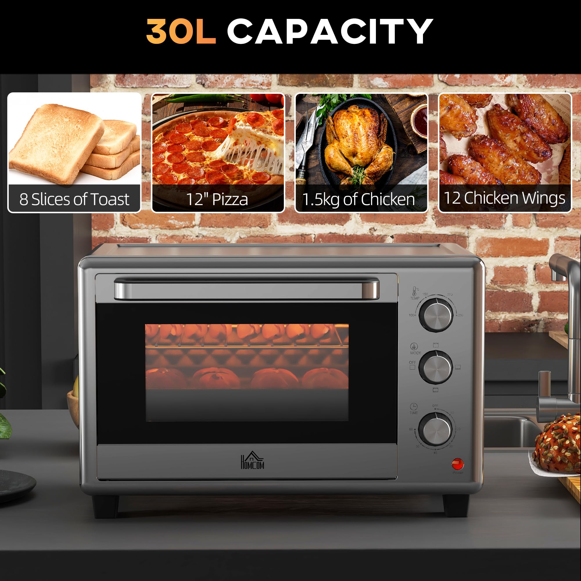 HOMCOM Four électrique 30L, Mini four électrique avec 3 fonctions de cuisson, température et minuterie réglables, avec poêle et grill, 1600W, argenté