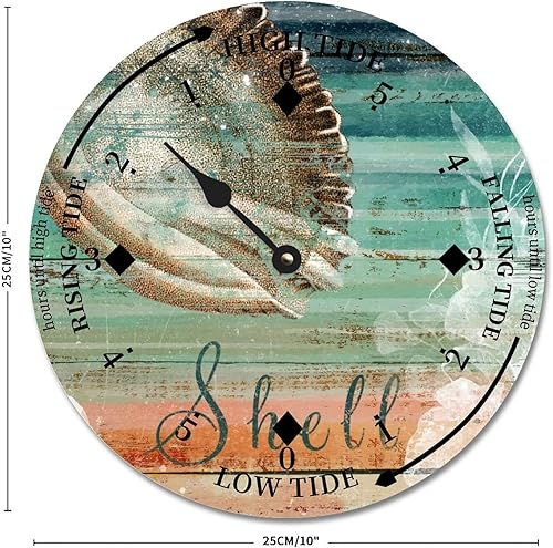 Miniatura 3 de Vintage Shell Tide Clock Beach Ocean Time Wood Tidal Clock with High Tide Low Tide Non-Ticking Battery Operated Tide Clock 10" Tide Movement Clock