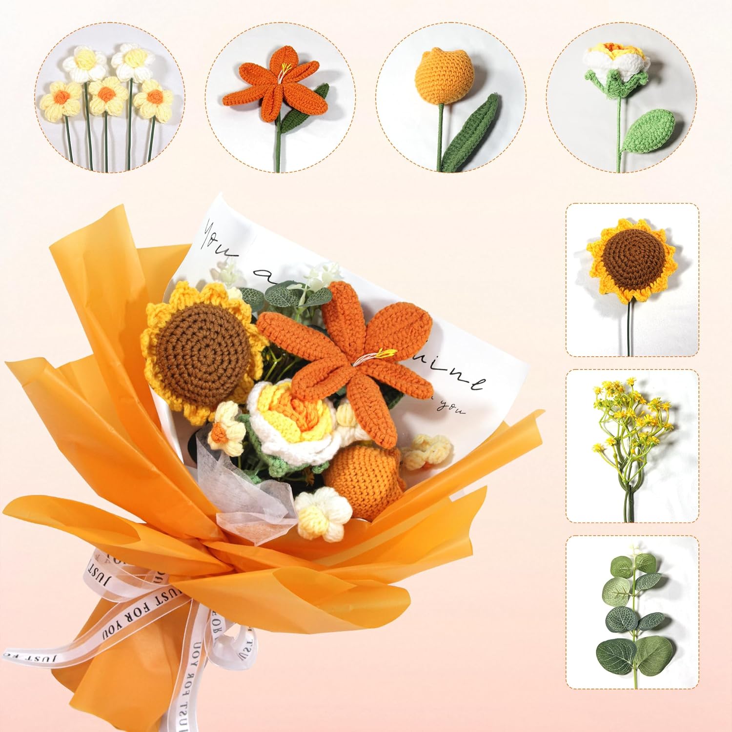 Crochet Flower Bouquet,Orange Knitted Flowers, Handmade Sunflowers Tulips Roses Bouquet for Mother's Day Birthday Anniversary Party Valentine Day Graduation Gifts(with Card)