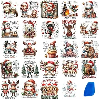 24 Sheets Vintage Christmas Rub On Transfers for Crafts, Rub On Transfers Christmas for Wood，Furniture Decals, Glass, Porcelain, Leather, Canvas, Fabric Projects,3 * 3inch(Animal Party)