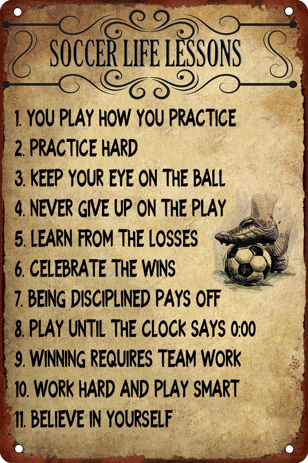 peiyeety Retro Metal Tin Sign 12 X 16 Inches Soccer Life Lessons for Bar Garage Room Club Home Office Pubs Man Caves Kitchens Wall Art Decor