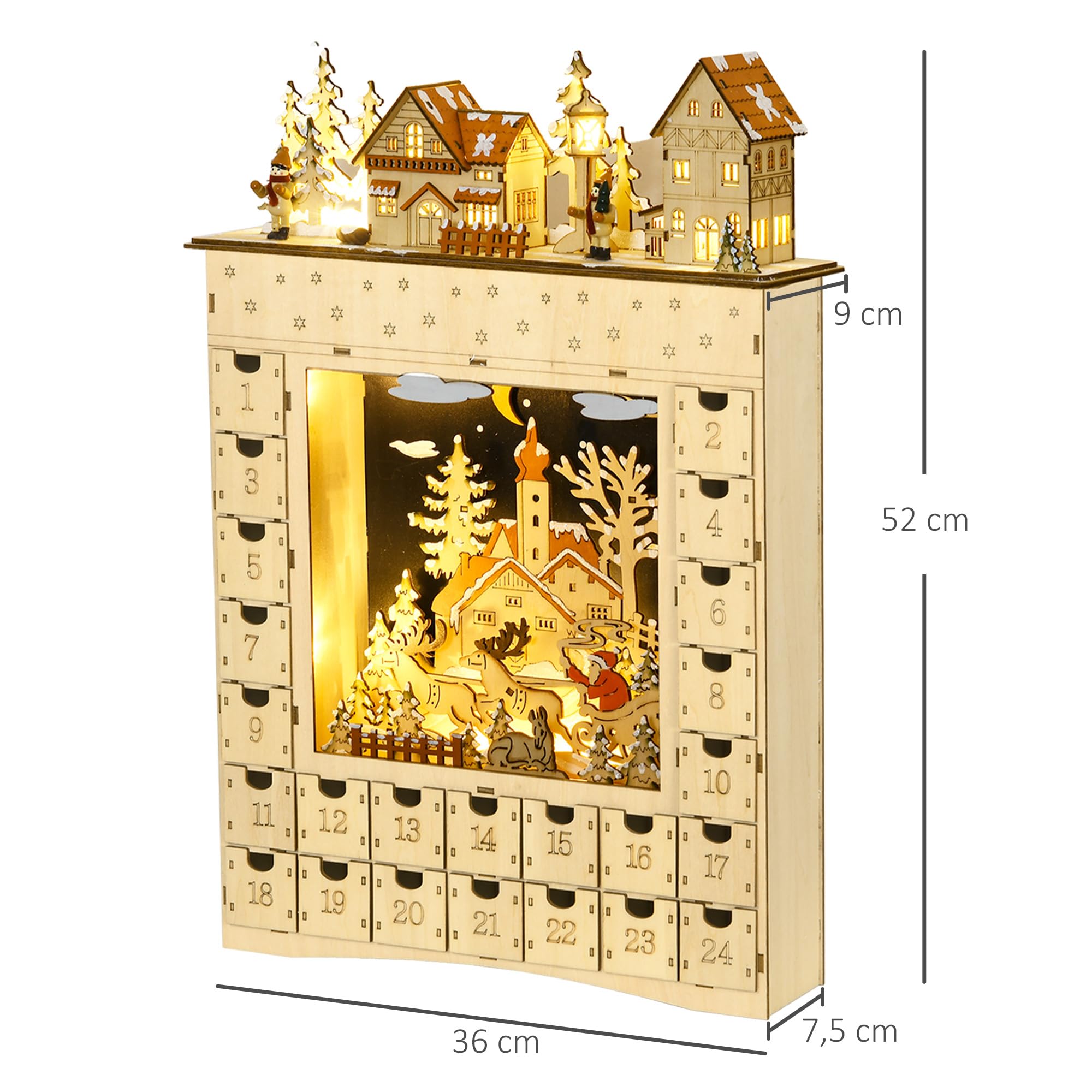 HOMCOM Calendario de Adviento para Llenar con Iluminación LED y 24 Cajones Cuenta Regresiva Calendario de Adviento de Madera de Navidad Decoración en Mesa 36x9x52 cm Natural