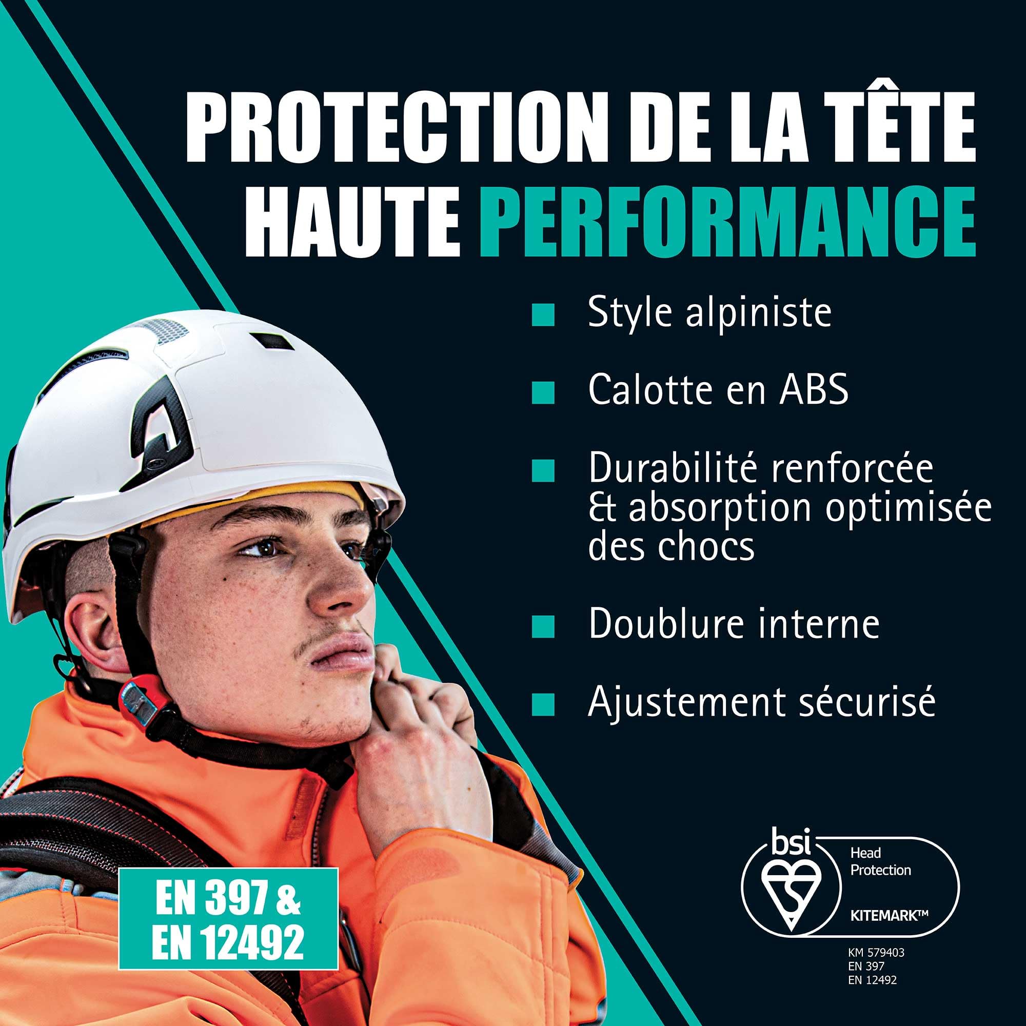 JSP Evo Alta DualSwitch Casque Premium ABS Chantier & Escalade, Blanc | Bascule entre protection EN 397 industrielle et EN 12492 escalade. Coque ABS. EN 50365 certifié.