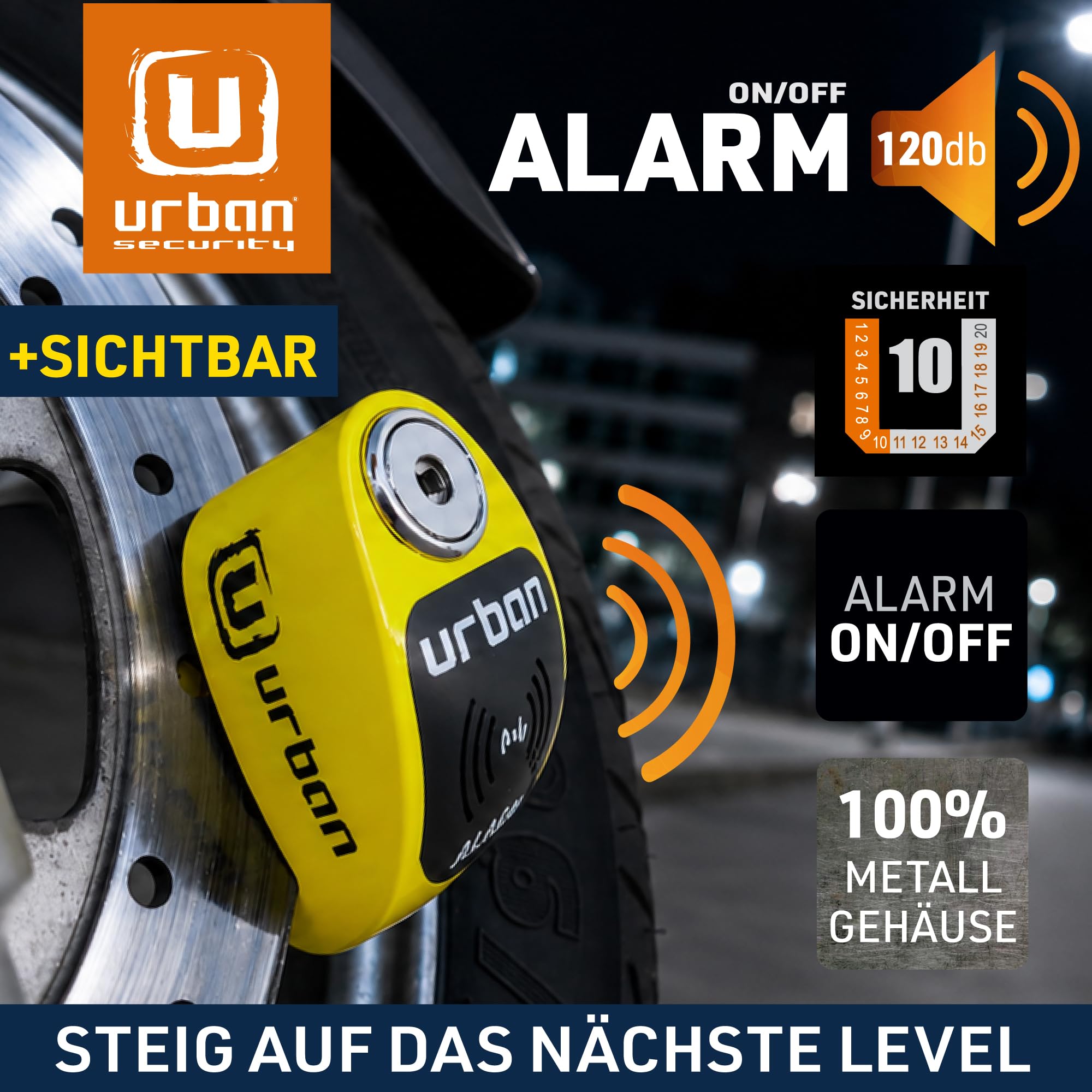 URBAN UR906Y Bremsscheibenschloss Motorrad mit 120dB Alarm X2 ON, Wasserdicht Austauschbares Modul, CR2 Batterie, Erinnerungskabel, 6mm Universelles Motorrad Schloos für Roller E-Bikes E-Scooter