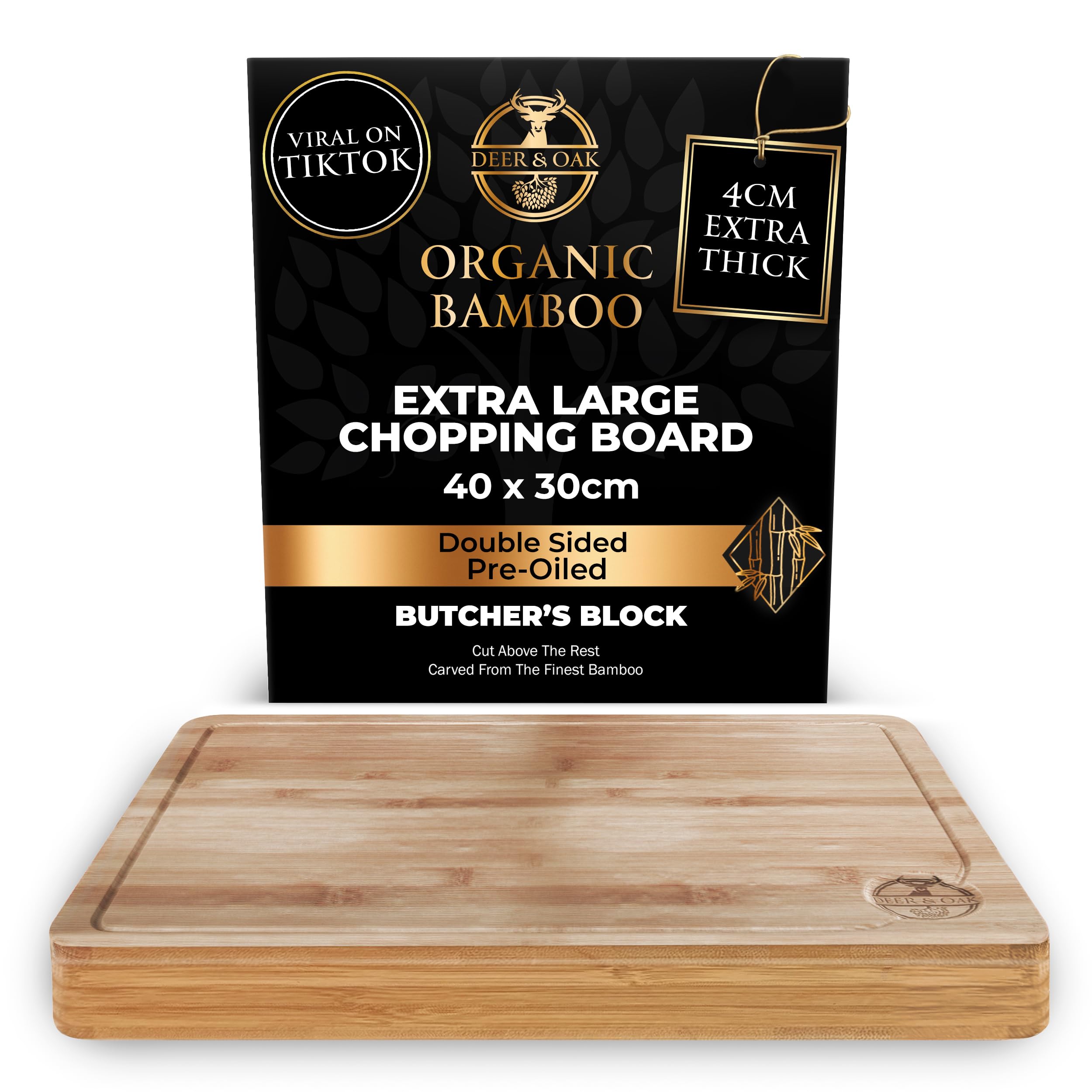 Deer & Oak Planche à découper extra large – Bloc de boucher en bambou de qualité supérieure, 40 x 30 x 3.8 cm, planche à découper en bois pour cuisine, planche à découper très résistante