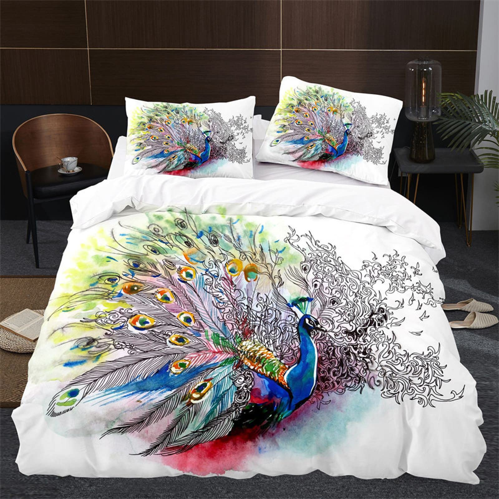 Linge de lit 240x260 en microfibre 110g/㎡ supérieure motif paon blanc