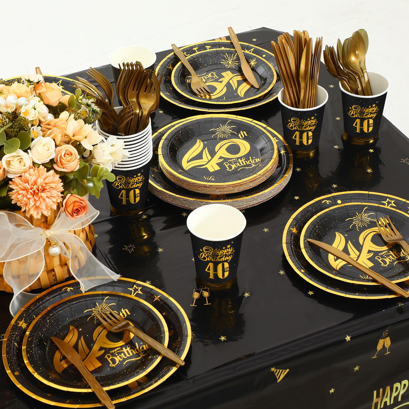 96-Pc 40th Birthday Plates & Napkins Set – Black Gold Theme, Serves 24, Party Tableware Supplies - View #6