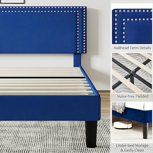 Miniatura 18 de VECELO Base de cama de tamaño matrimonial con cabecera tapizada ajustable, plataforma de listones de madera, diseño sin ruido, fácil montaje Negro