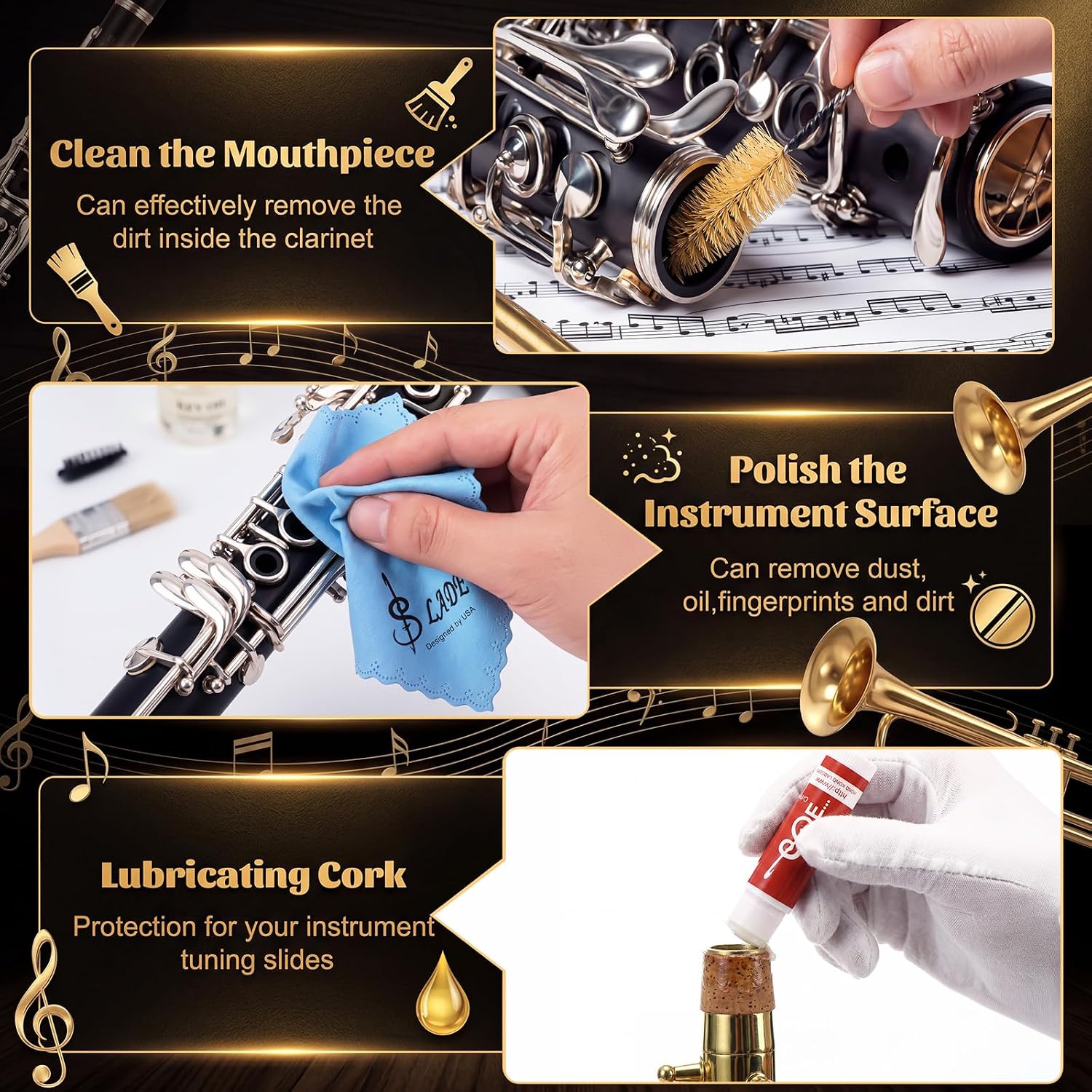 Saxophone Stand Neck Strap and Cleaning Kit with Folding Alto and Tenor Saxophone Stand Upgraded Length Tenor Neck Strap Cork Grease Thumb Rest Reed Case Brush Mouthpiece Pads