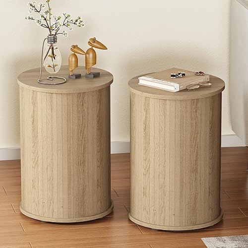 Mesa auxiliar redonda acanalada para sala de estar, moderna mesa auxiliar de madera para sofás y sofás para espacios pequeños, mesa de noche de 21.9