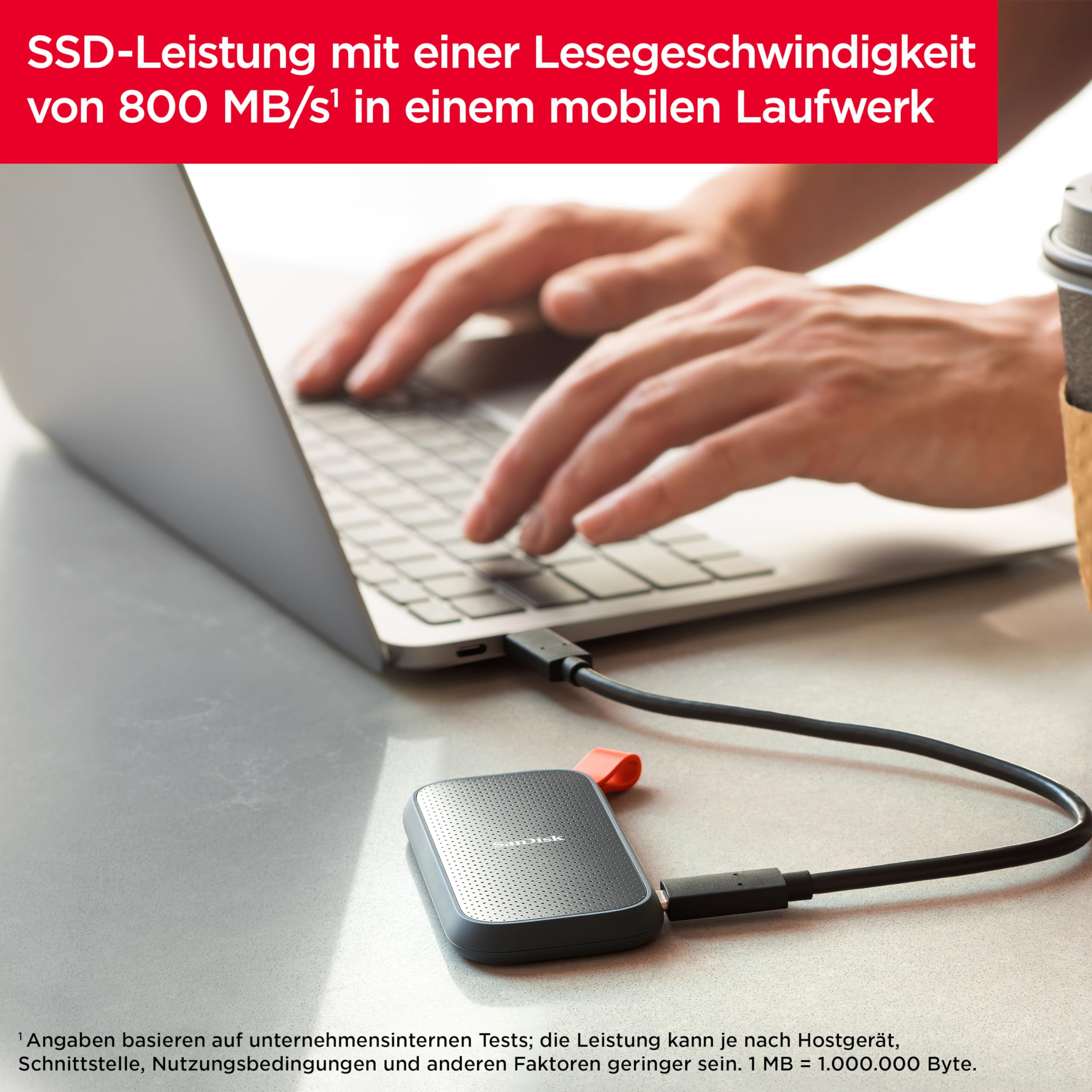 SANDISK Portable SSD 2 TB (externe SSD 2,5 Zoll, bis zu 800 MB/s Lesen, robustes Laufwerk bis zu 2 m, robuste Befestigungsschlaufe aus strapazierfähigem Gummi) Schwarz