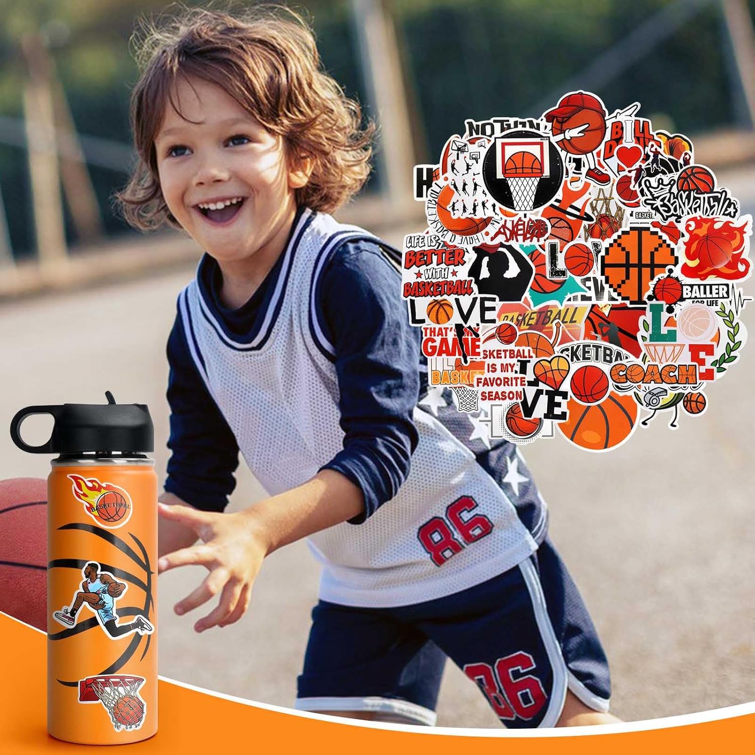 Basketball Water Bottles for Boys, Stainless Steel Basketball Water Bottle Gifts for Boys 8-12 & Kids with 50Pcs Stickers Stuff for Decorate Water Bottle (18OZ) - Image 5