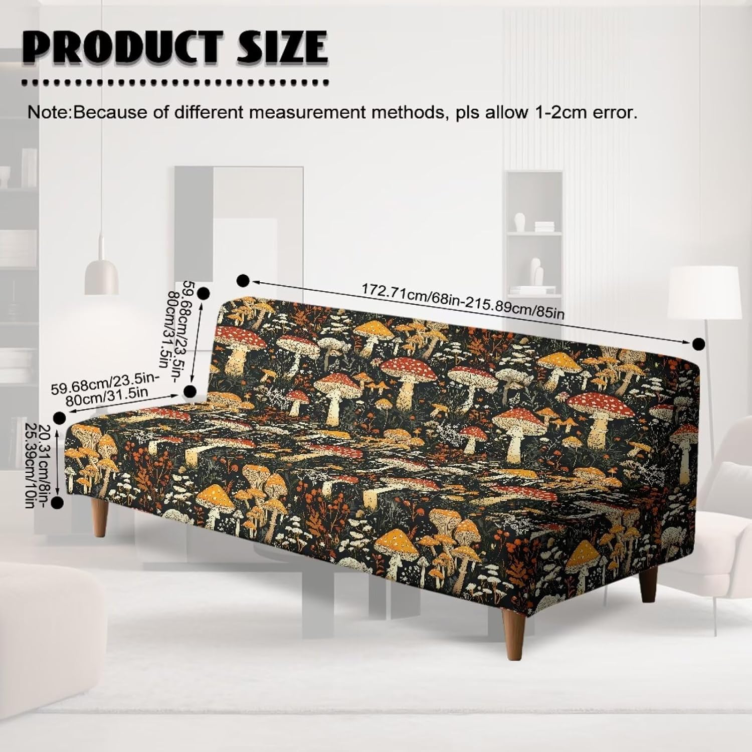 Mushroom Stretch Armless Sofa Bed Cover, Easy to Install Couch Slipcover Without Armrests, Washable Folding Futon Cover, Non-Slip Futon Sofa Bed Slipcover with Elastic Bottom