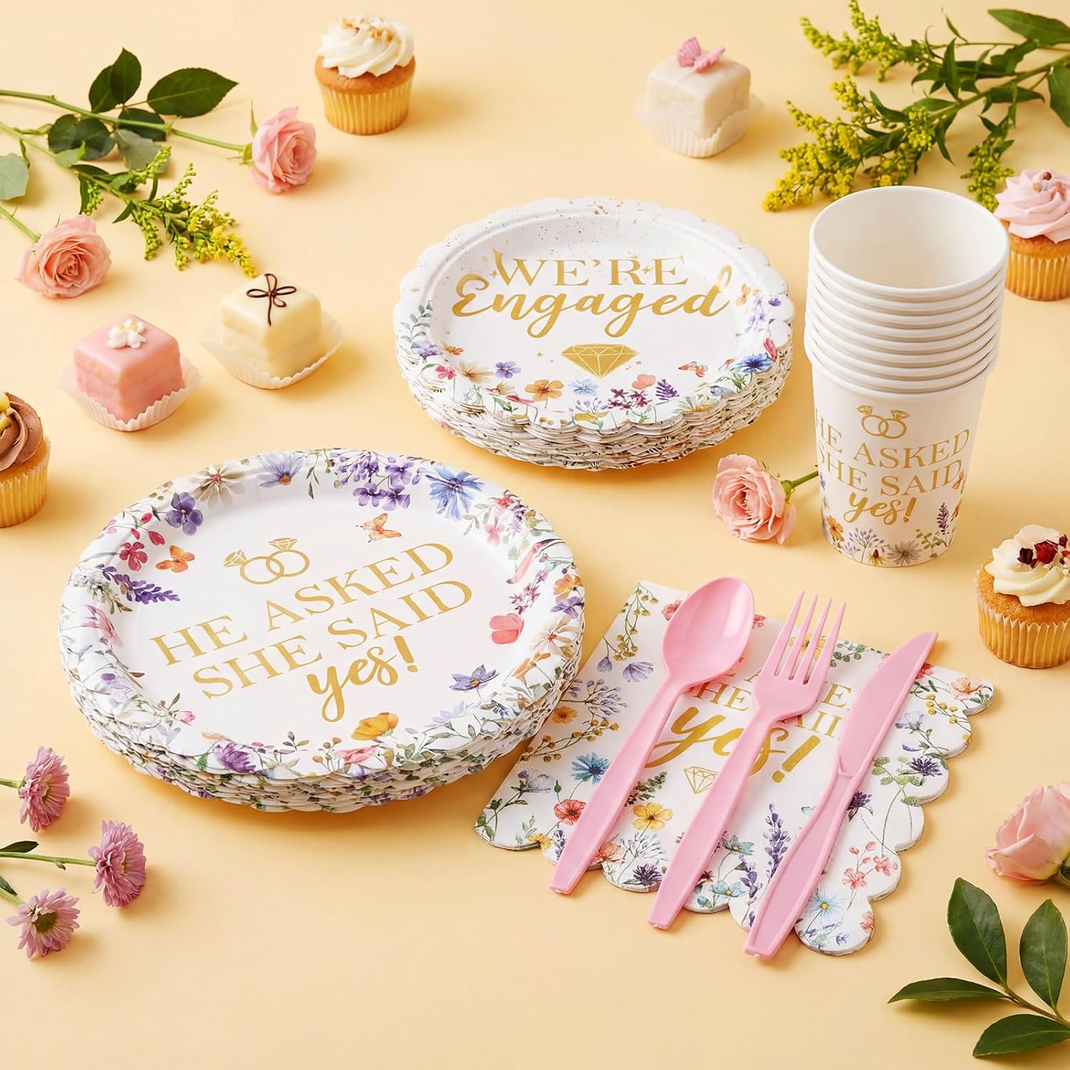 She Said Yes Decorations, She Said Yes Tableware, Engagement Party Supplies, Bridal Shower Plates and Napkins Sets for Wedding Bridal Shower Bachelorette, Serve 24(Wild Flower)