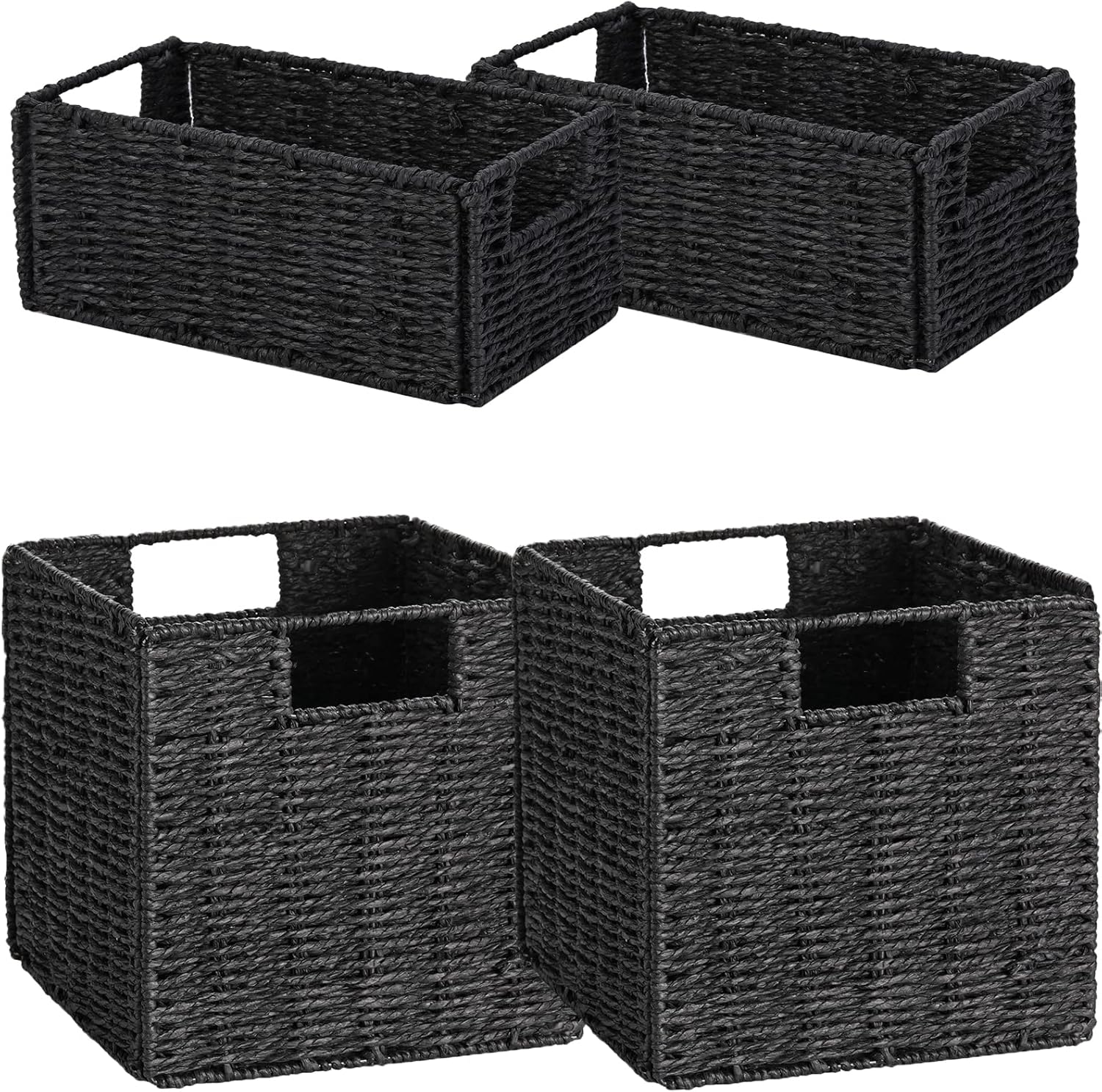 Vagusicc Wicker Baskets for Storage, Set of 4 Hand-Woven Storage Baskets for Shelves, Foldable Cube Storage Baskets Bins with Handles, Small Wicker Baskets for Organizing Pantry Bedroom, Black