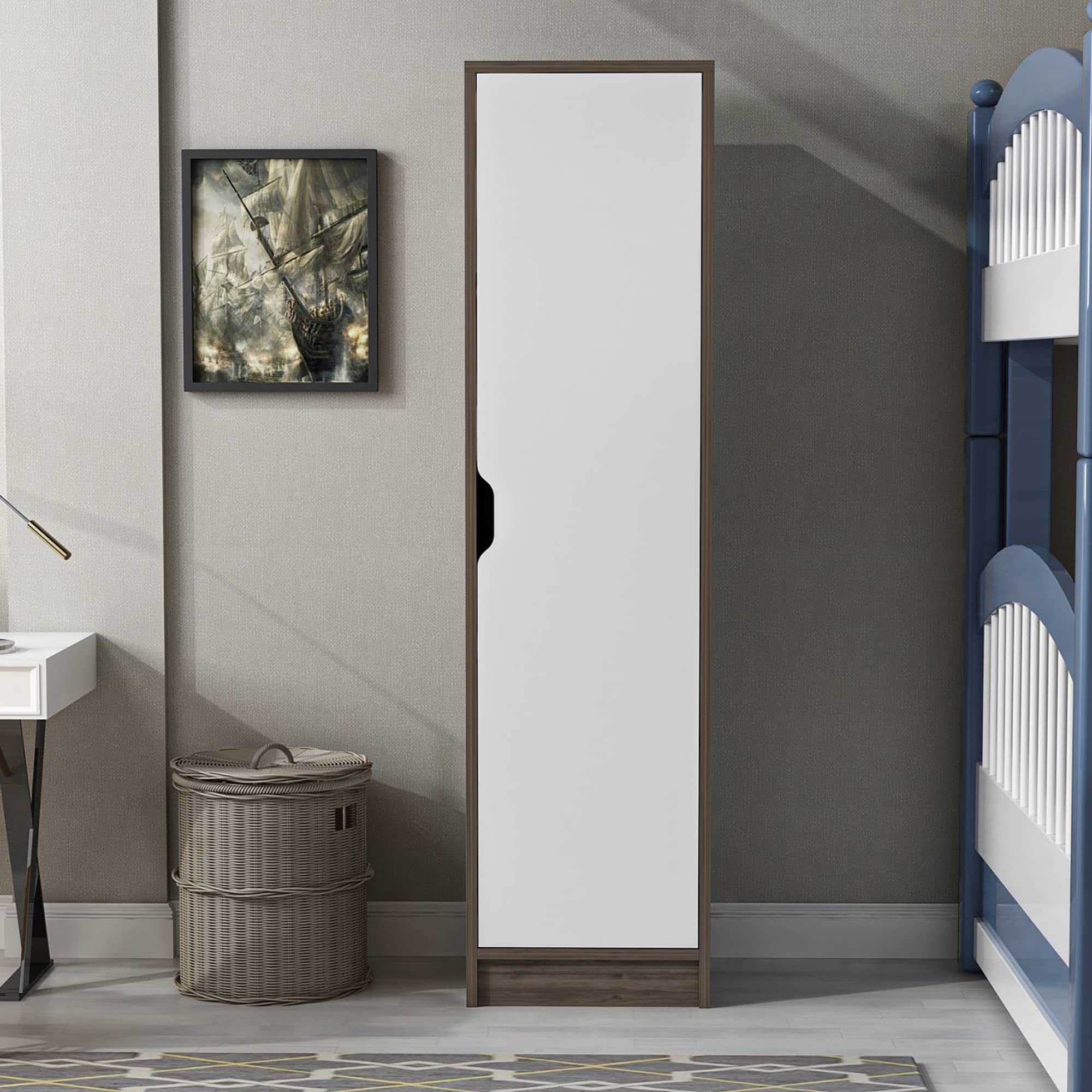 [en.casa] Armadio a Colonna (AxLxP) 154 x 40 x 30 cm Mobile a Terra con 1 Anta e 4 Scomparti Chiusi - Effetto Noce/Bianco