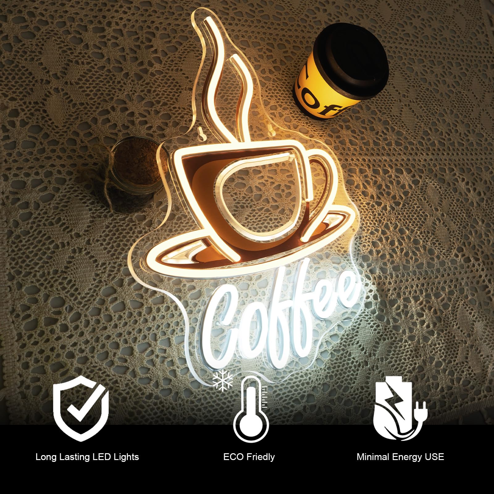 ineonlife Coffee Neon Led,Café Lettre Lumineuse, Neon Mural pour Décoration,Néon Led pour Bistrot,Food Truck Café,Coin Café,Magasin de Boissons,Cuisine,Chambre,Cadeau
