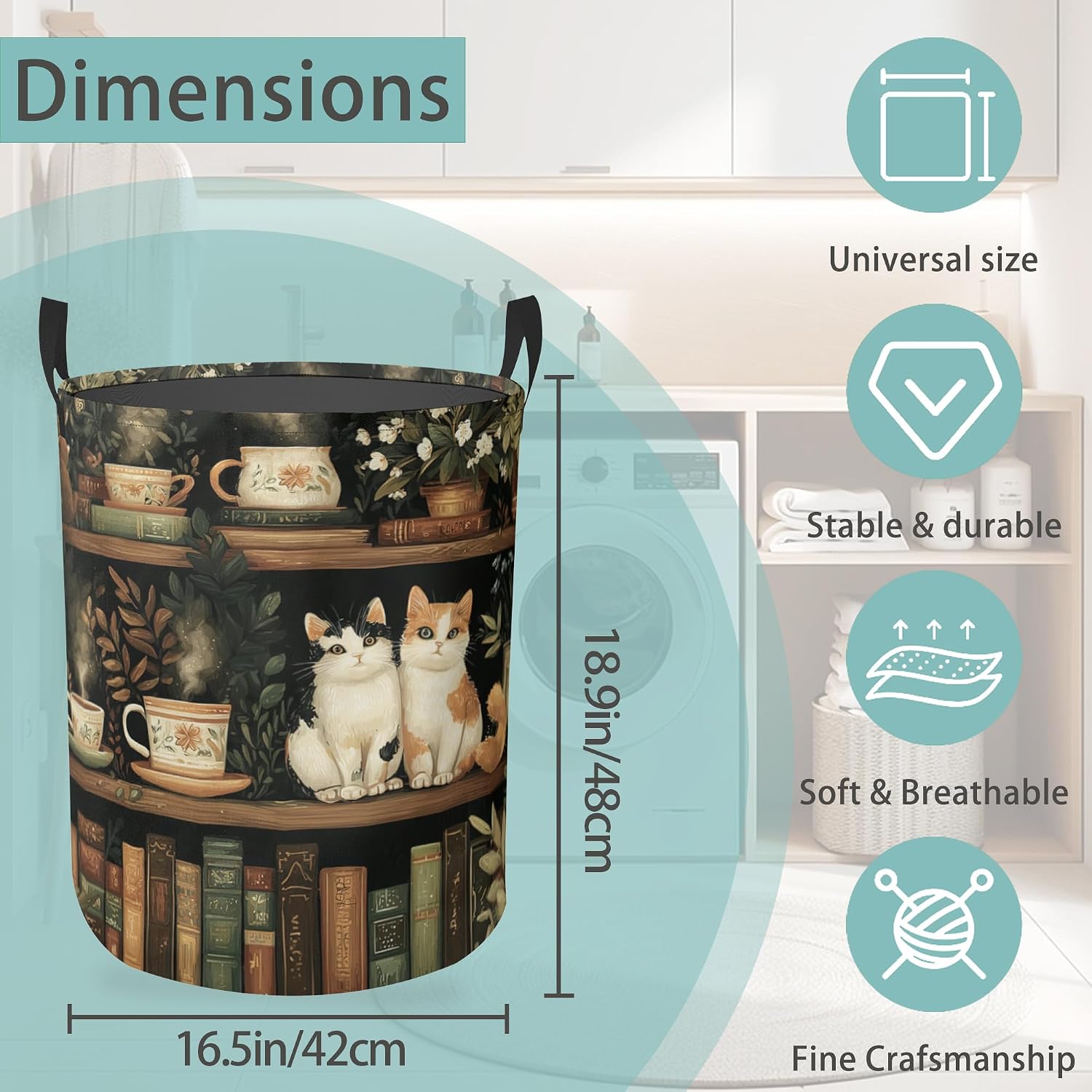 Cat Bookshelf Round Laundry Hamper Storage Basket Toys Clothes Organizer Bin For Home Bathroom Bedroom Dorm Nursery