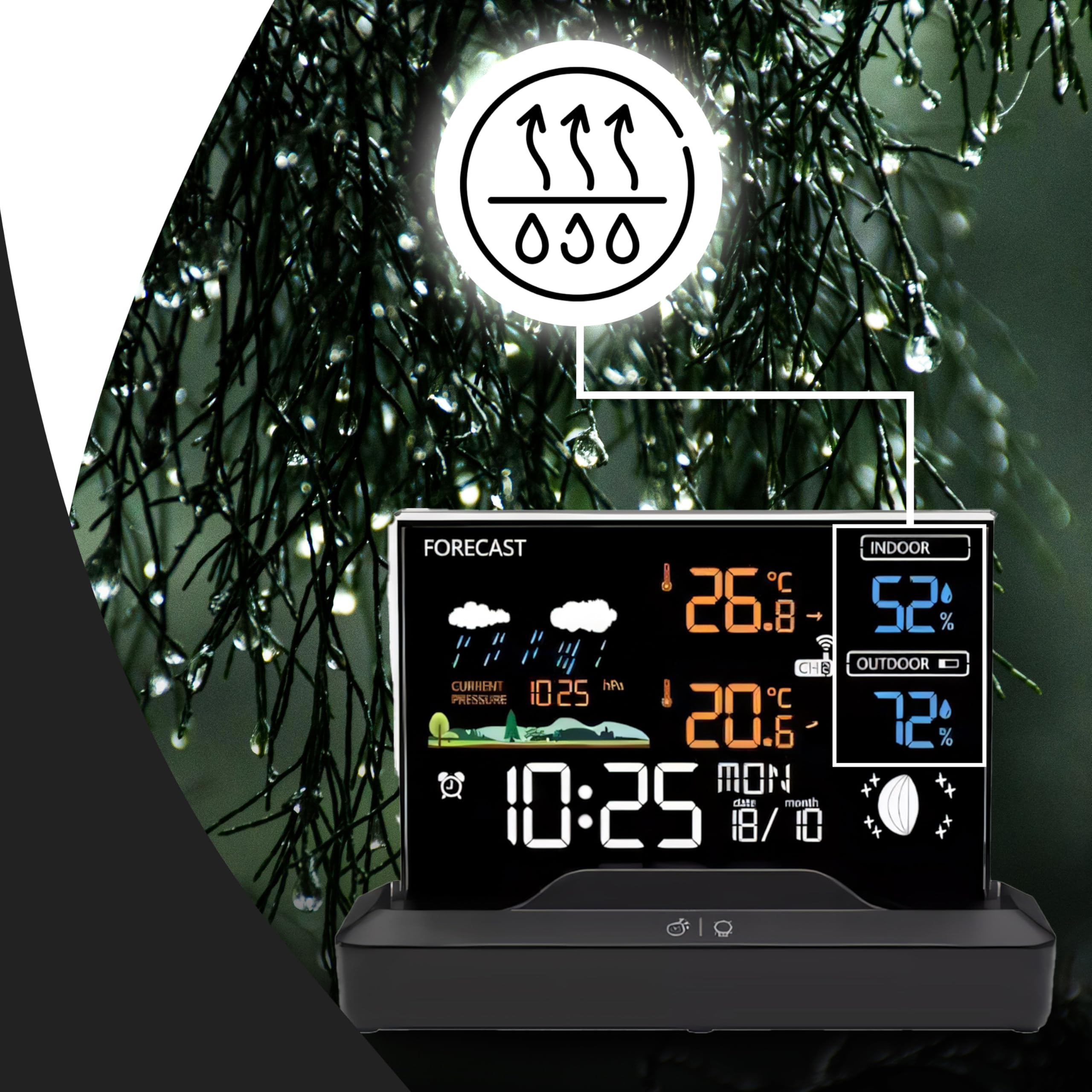 Retoo Stazione Meteo Wireless con Sensore Esterno, Termometro Igrometro Barometro, Display LCD, Previsioni, Fasi Lunari, Orologio Radiocontrollato, Sveglia, Nero