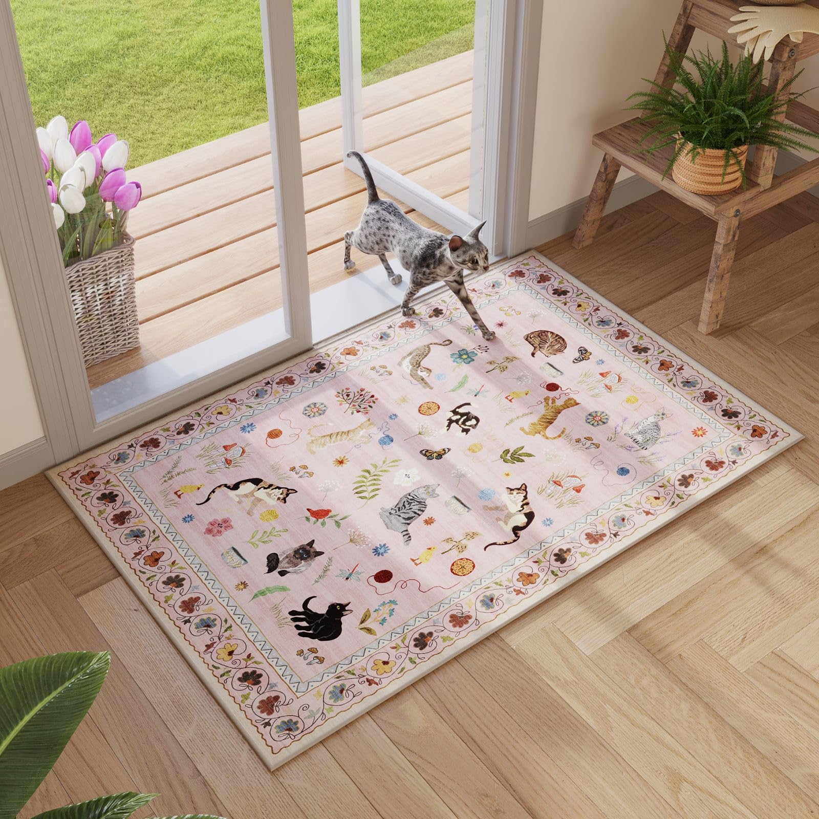 Rugcomf Door Mat Indoor Entrance 2x3 Rug Machine Washable Boho Floral Animal Cat Small Area Rug Non-Slip Low Pile Throw Rugs for Entryway Kitchen Front Door Indoor Entrance Entry Kids Room, Pink — image 1