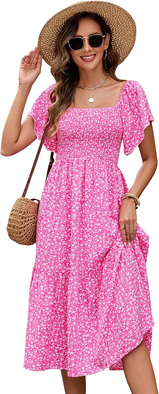 Summer Casual Floral Dresses for Women Beach Vacation Midi Sundresses Short Sleeve Square Neck Boho Flowy Smocked Dress - Image 4