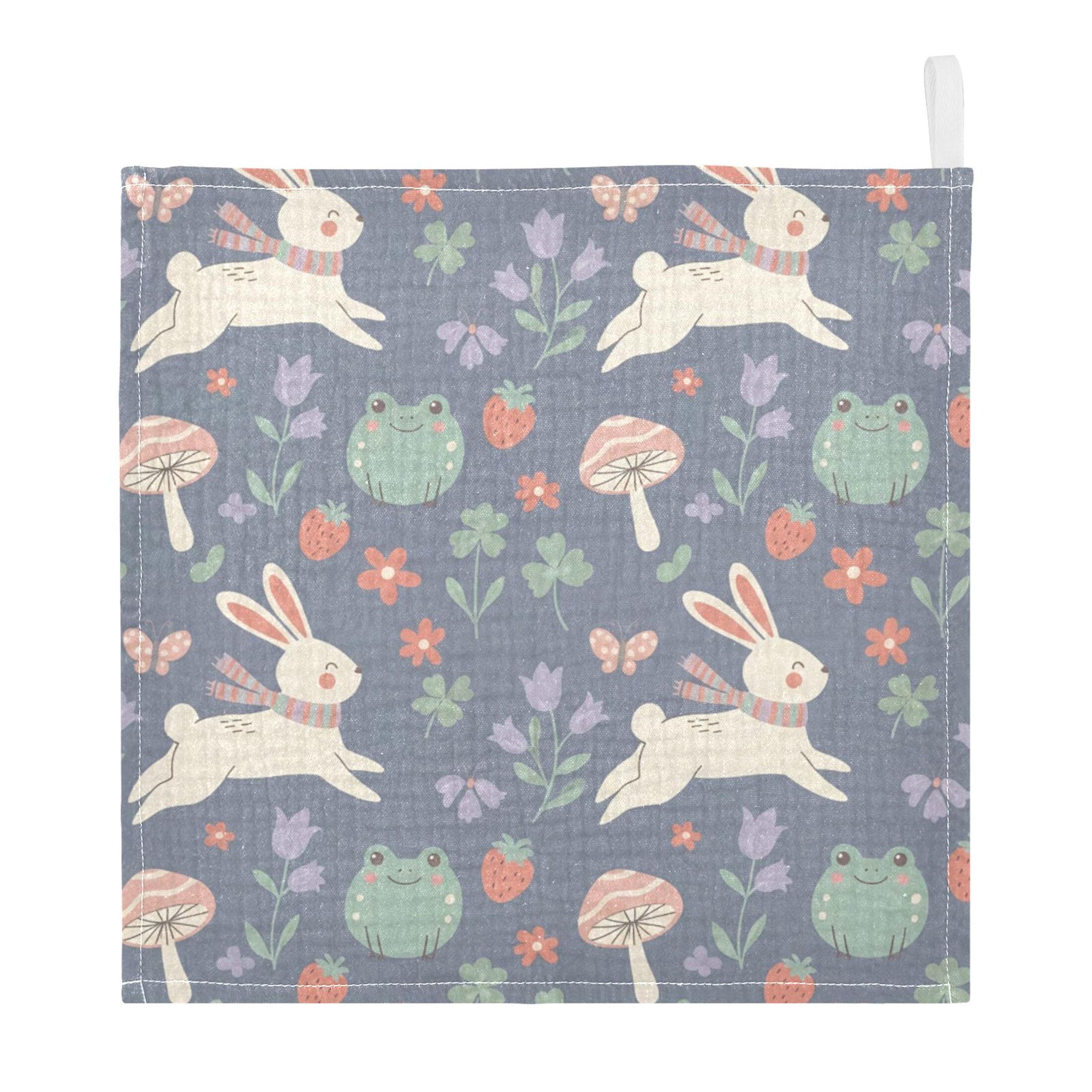Fuauuyl Bunny Frog Mushroom Baby Muslin Washcloths Cotton Absorbent Soft Burp Cloths for Newborns Infants Toddlers, Reusable Face Towels for Sensitive Skin, 3 Pack, 12x12 in