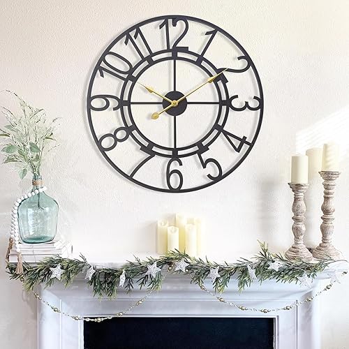 Miniatura 1 de Reloj de pared grande de 24 pulgadas, silencioso sin tictac, funciona con pilas, reloj de esqueleto de metal industrial rústico negro, reloj