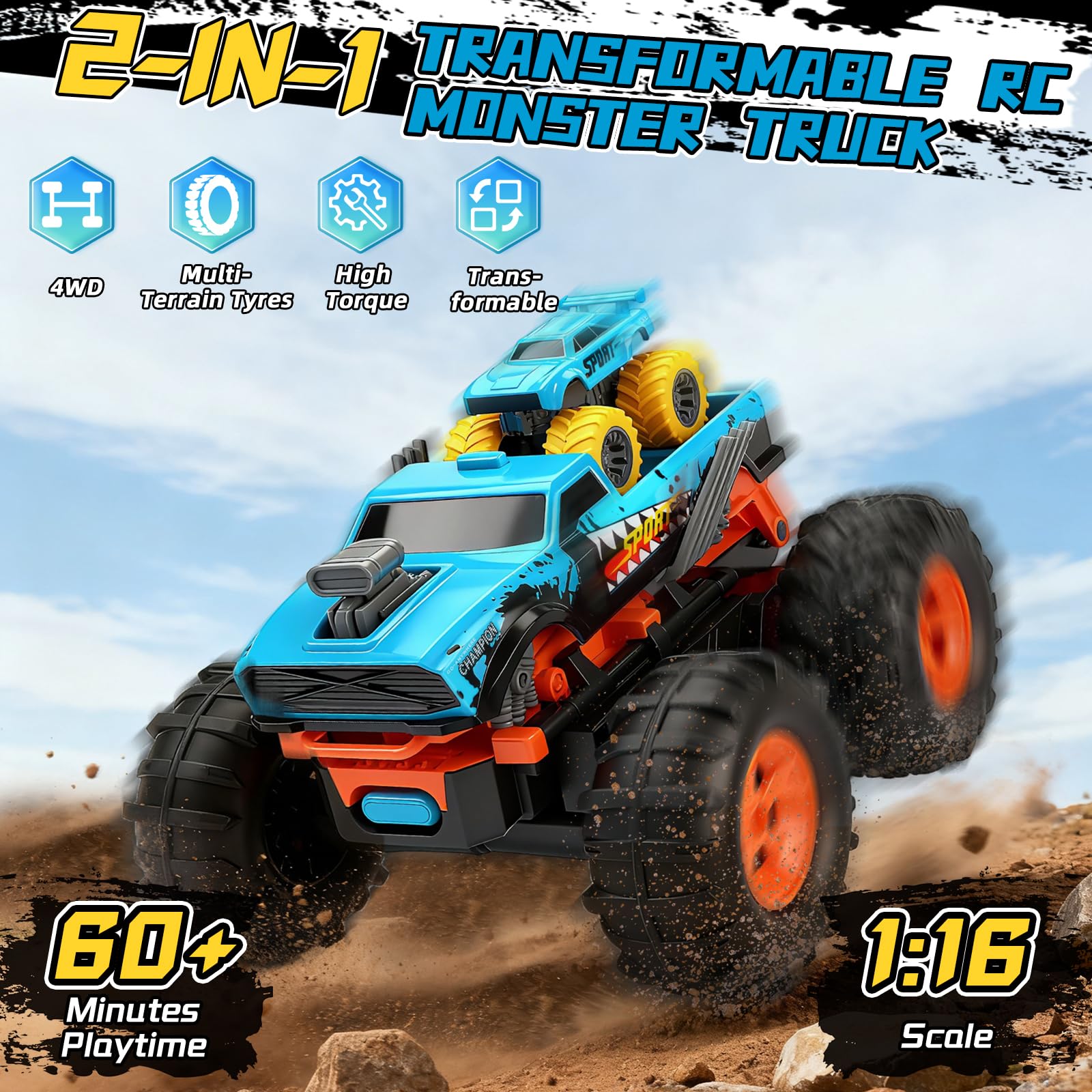IEEILULU 2 w 1 Monster Truck Pilot zdalnego sterowania, 1:16 2WD Transform Car Pilot z funkcją uruchamiania, pionowy bieg, obrót o 360° dla chłopców dziewcząt w wieku 4 5 6 10 lat