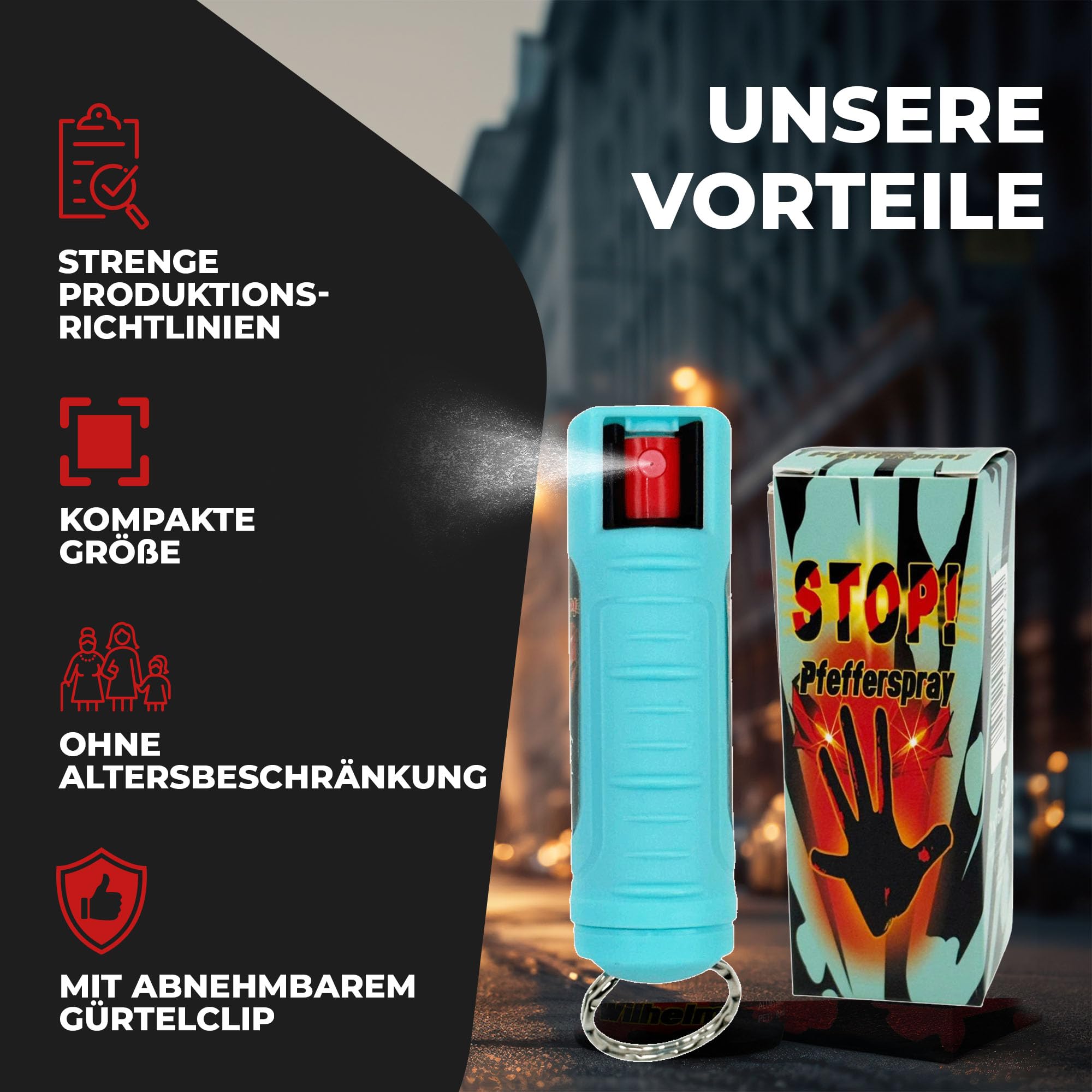 3 x Wilhelm Pfefferspray 16 ml Schlüsselanhänger türkis Tierabwehr Selbstverteidigung CS Gas KO Spray hochdosiert (ca. 2 Mio. Scoville) effektives Verteidigungsspray