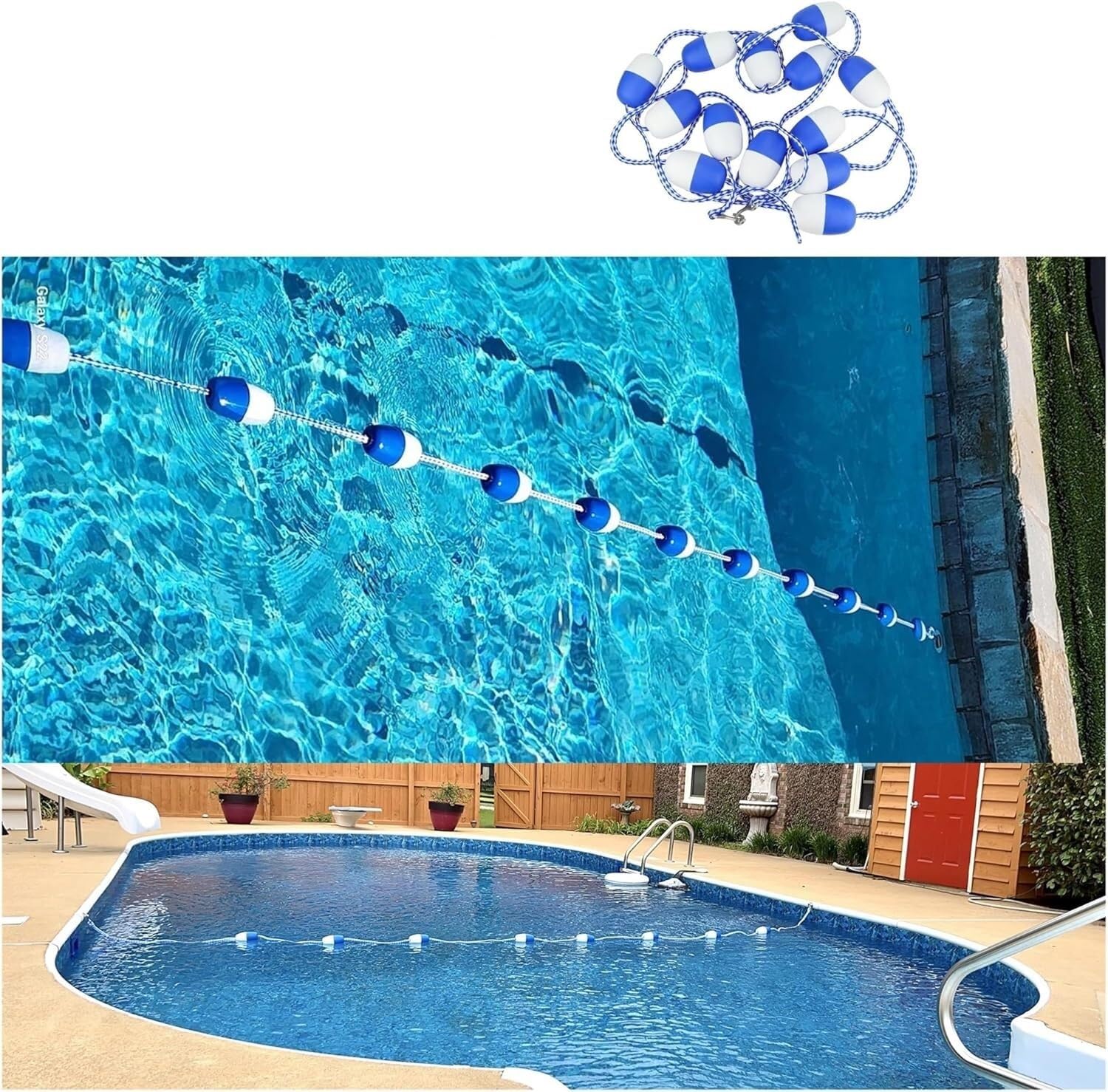 Kanduo Schwimmbecken-Sicherheitsseil mit Boje Schwimmbad-Trennseil mit Schwimmkörpern, Schwimmbahnseil mit Edelstahlhaken(50ft/15m)