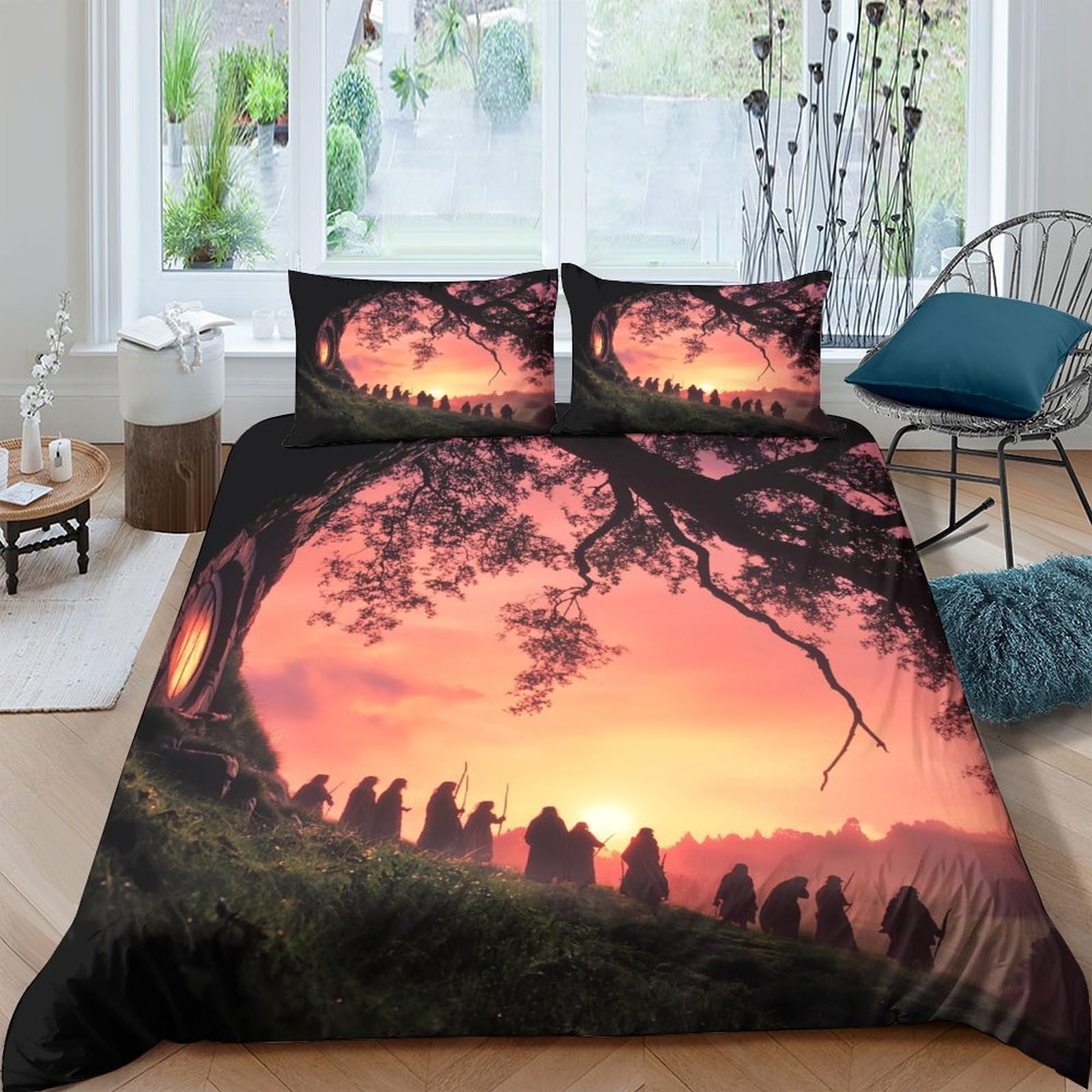 GPLZQXKJNH 3D Printed Sunset Forest Duvet Cover Microfiber Soft Breathable Fantasy Silhouette Bedding Set with 2 Pillowcases for Bedroom Decor Single（135x200cm）