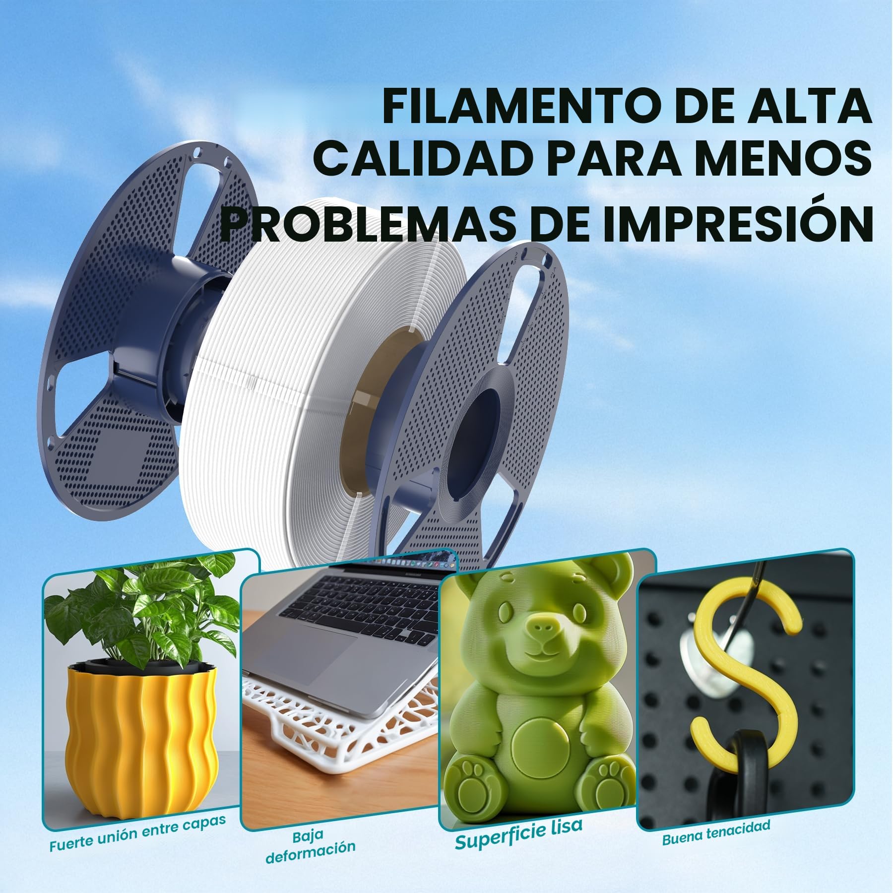 SUNLU 4KG PLA Filamento Bundle, Precisión Dimensional +/- 0,02 mm, Apto Para la Mayoría de las Impresoras 3D FDM, 1KG de Filamento 3D, 4KG en Total, 4Pcs.Negro+Blanco+Rojo+Azul Klein